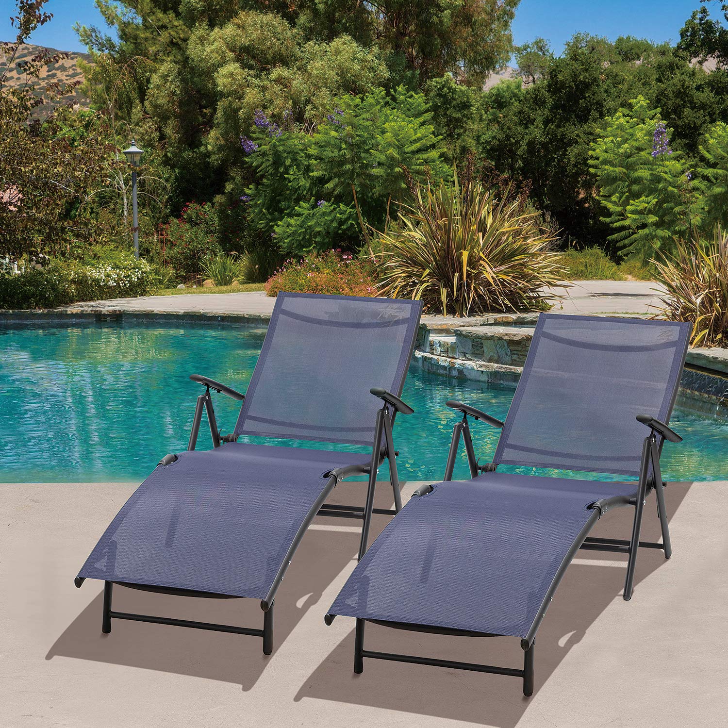 Adjustable Folding Recliner Chaise Lounge Chairs Set of 2 - Outdoor Patio Furniture for Pool, Beach, Yard & Balcony - Foldable Sunbathing Tanning Chair (Blue) - Perfect for Relaxing, Lounging & Soaking Up the Sun