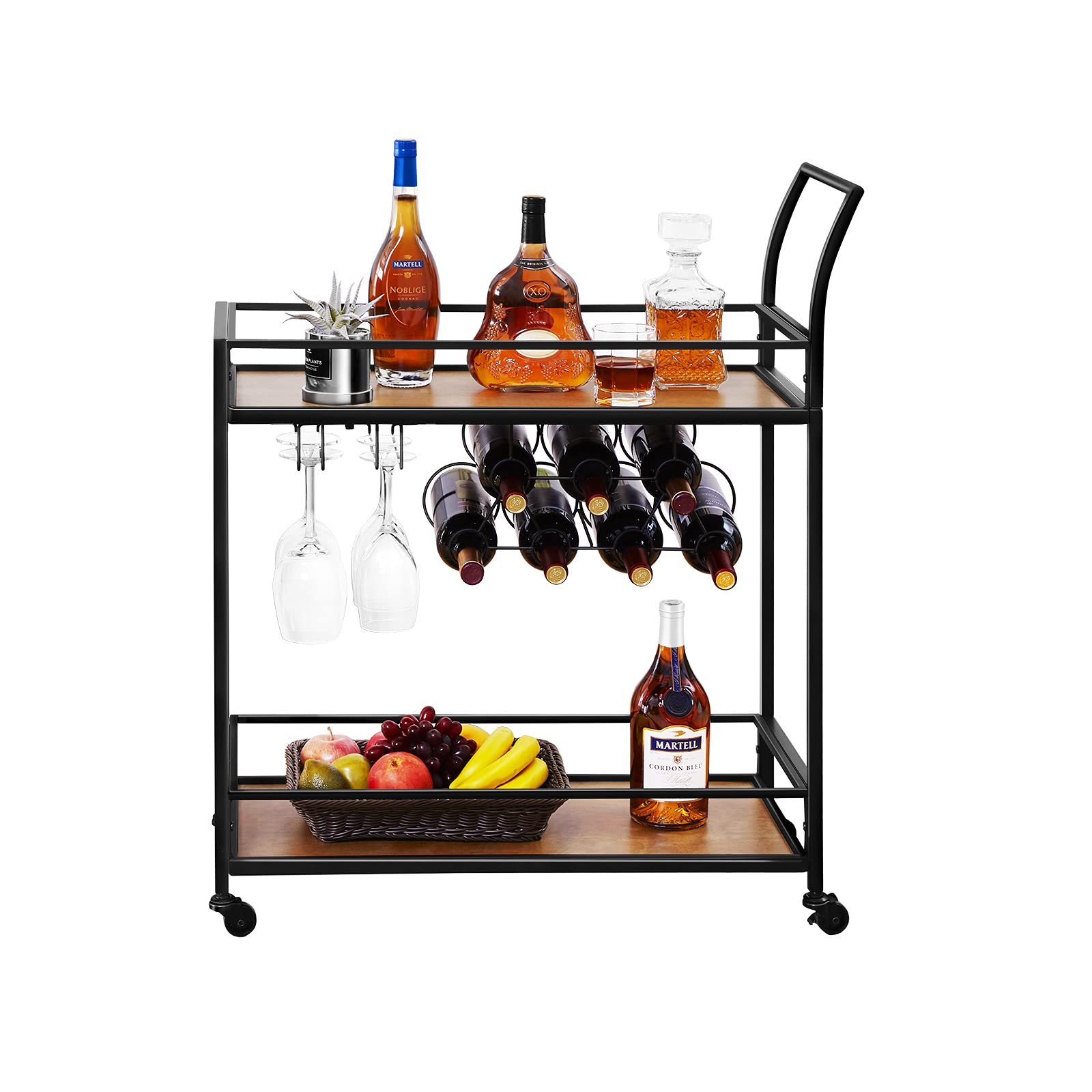 JBBCN Rolling Bar Cart with Wine Rack & Glass Holder - Wood & Metal Kitchen Serving Cart for Living Room, Home Bar - Perfect for Entertaining, Cocktail Parties & Small Space Storage (Black)