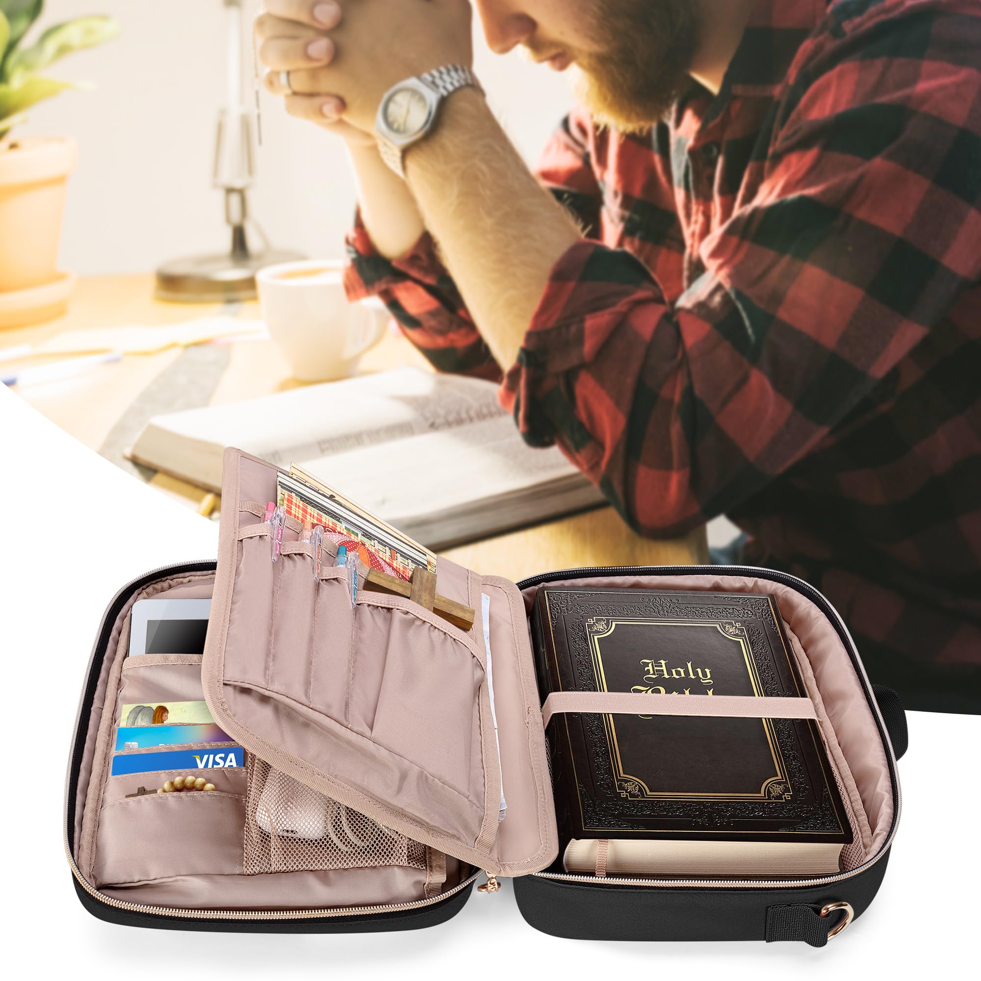 Teamoy Large Bible Cover for Men & Women - Quilted Church Bag with Shoulder Strap & Detachable Pen Slots - Perfect for Church, Bible Study & Travel - Black