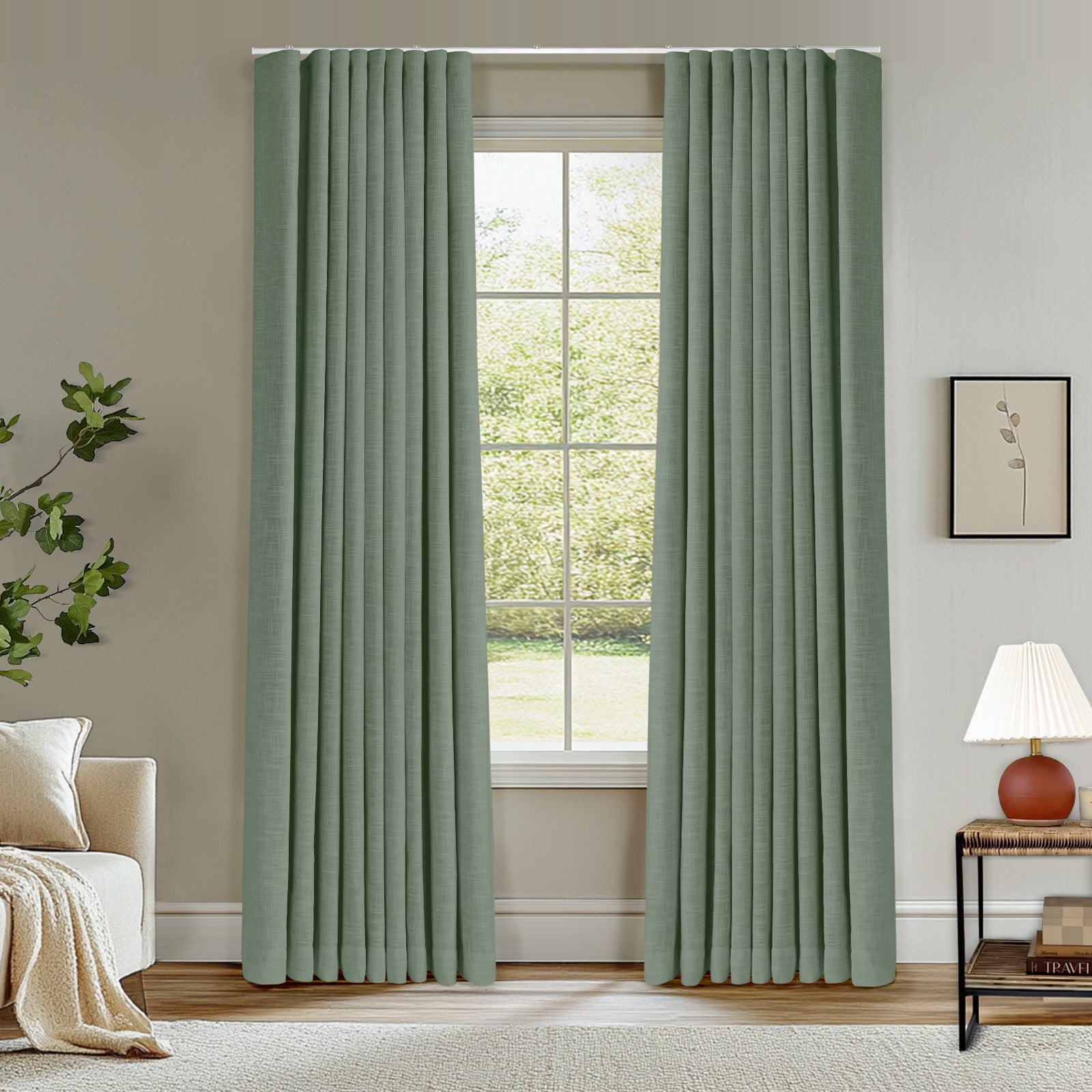 Blackout Curtains - Ripple Fold Lille Linen Memory Fabric Custom Drapes with Ceiling Track | Light Khaki | Noise Reducing & Room Darkening for Bedroom, Living Room & Nursery