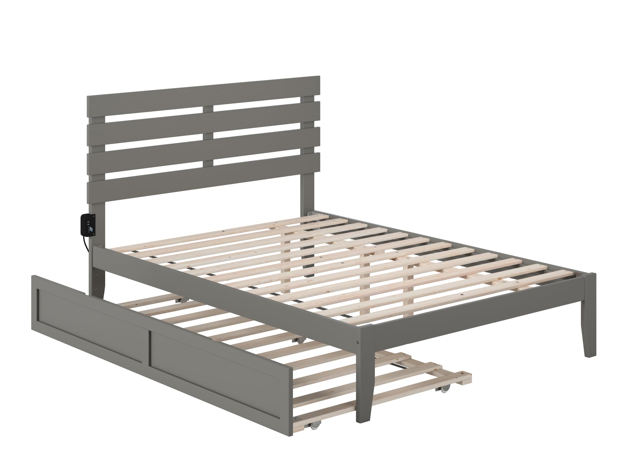 AFI Oxford Full Bed Frame with USB Turbo Charger & Twin Trundle - Grey Modern Platform Bed for Guest Rooms & Small Spaces | Fast Charging Station | Space-Saving Storage Solution