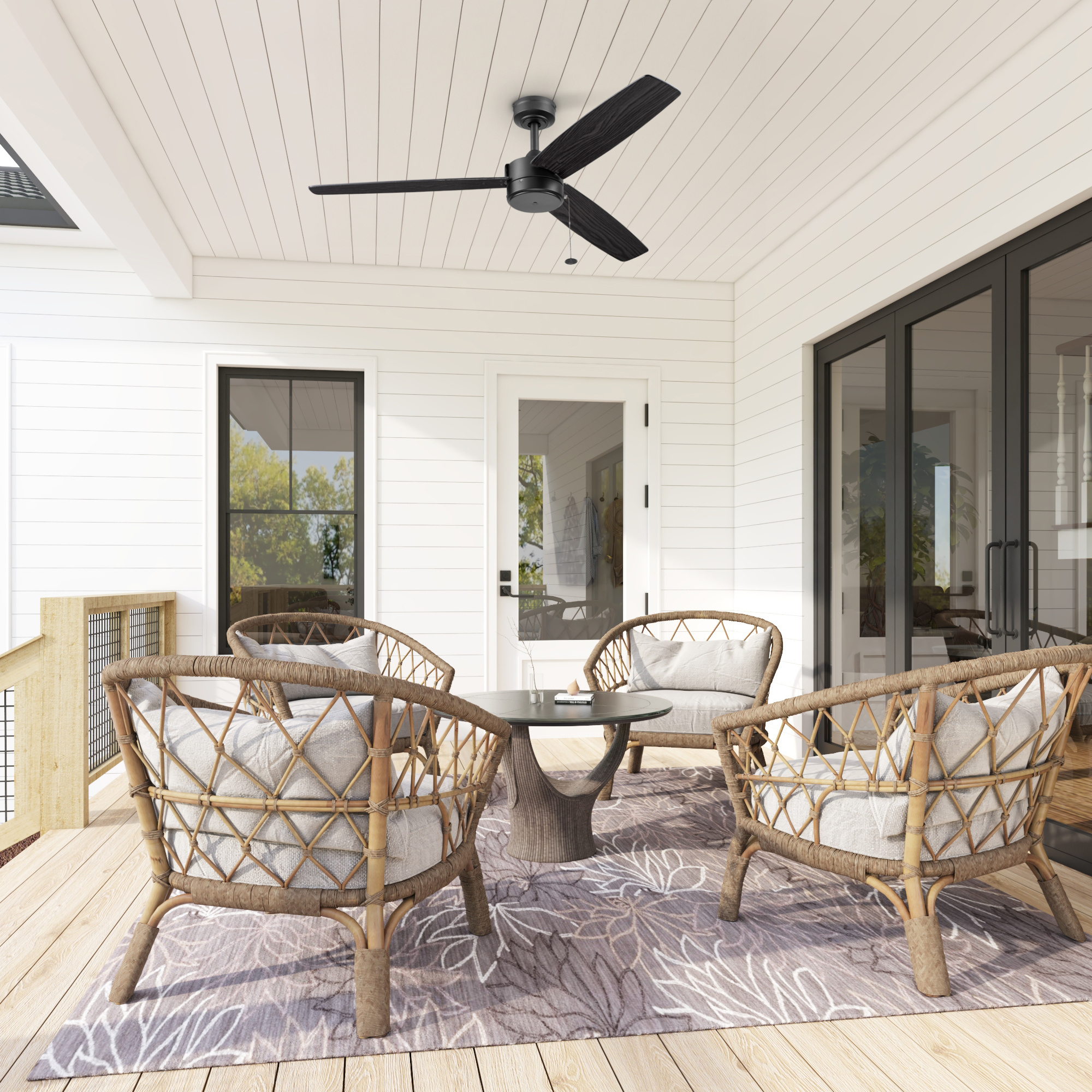 52 Inch Matte Black Ceiling Fan with Pull Chain - Indoor/Outdoor Use for Living Room, Bedroom, Patio & Covered Porch