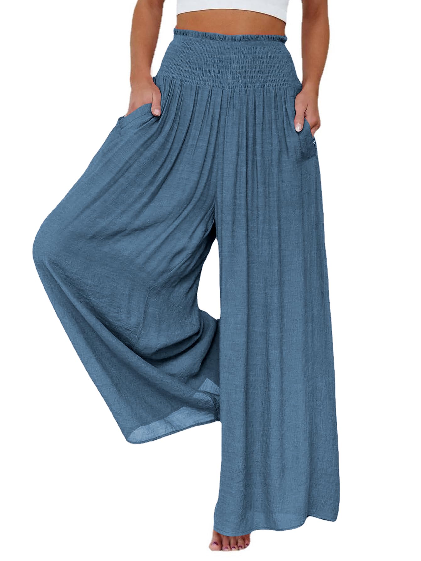 OPOIPIN Women's Smocked High Waisted Lounge Pants - Wide Leg Comfortable Long Trousers with Pockets for Casual Wear, Yoga & Home Relaxation