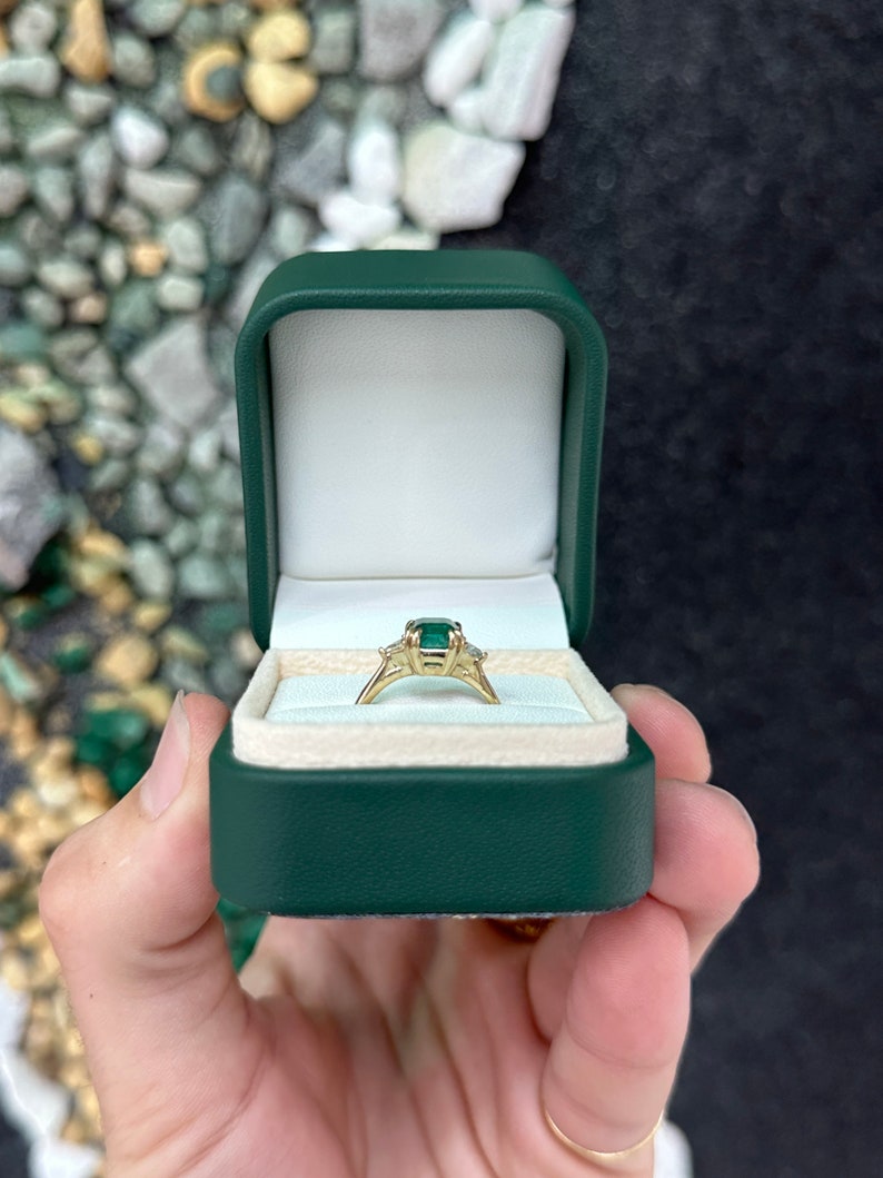 2.38tcw 14K Gold Dark Green Trillion Asscher Cut Emerald & Diamond 3 Stone Ring for Women | Earth Mined Natural Gemstone Jewelry | Perfect for Engagement, Anniversary & Special Occasion Gifts