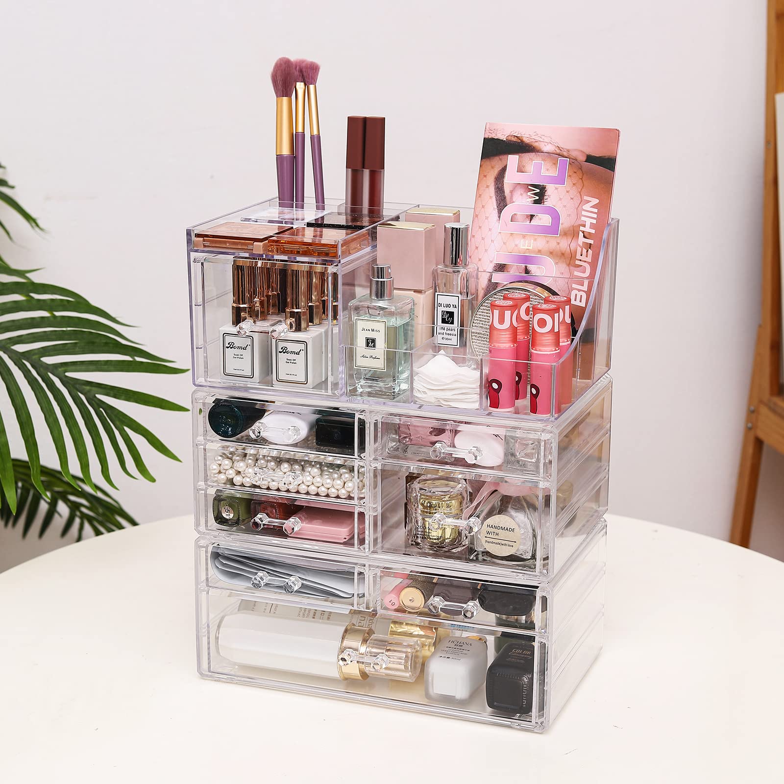 3-Pack Clear Acrylic Makeup Organizer with 9 Stackable Drawers - Countertop Vanity Storage for Jewelry, Hair Clips & Beauty Products - Perfect for Dresser, Desk and Bathroom Organization