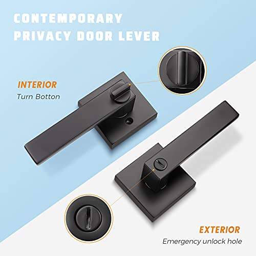 KNOBWELL 9-Pack Modern Privacy Door Knobs & Levers - Heavy Duty Matte Black Door Handles with Lock (No Key, Left/Right Handed) for Bedrooms, Bathrooms & Home Privacy