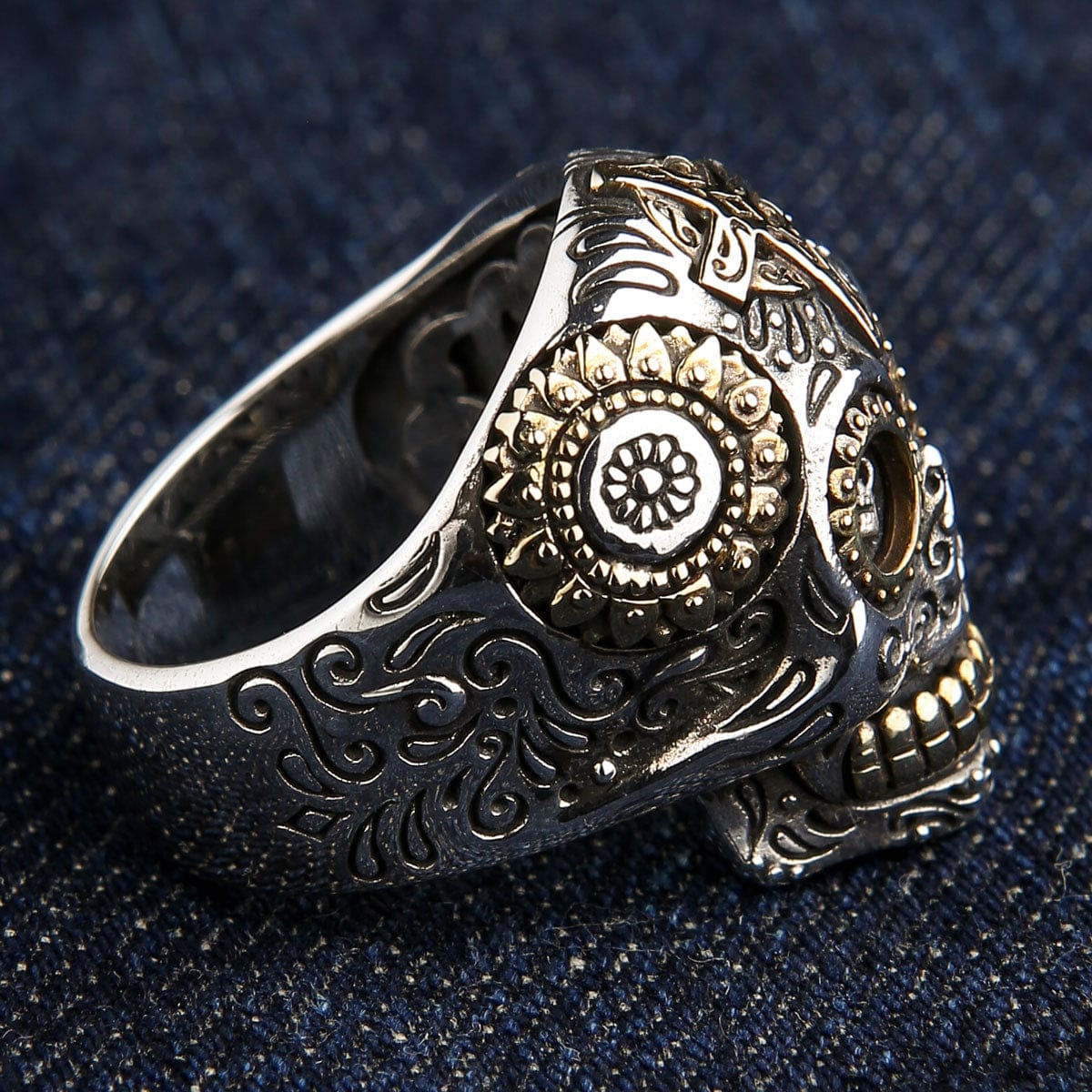 Sterling Silver Gold Brass Sugar Skull Ring for Women & Men - Gothic Jewelry for Halloween, Day of the Dead, Punk Fashion & Costume Accessories