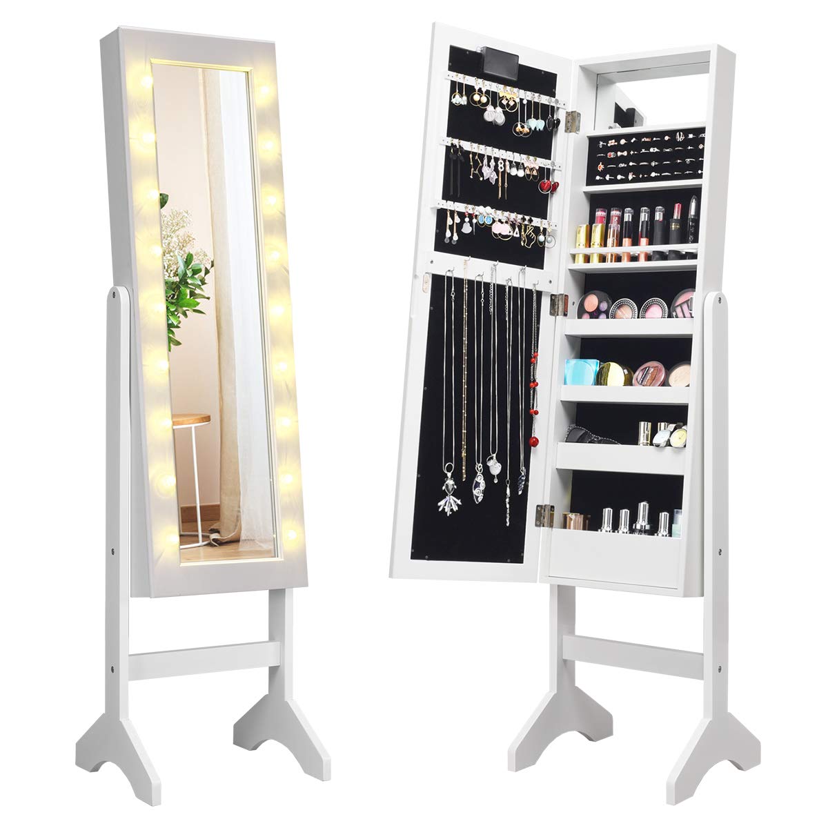 Giantex Standing Jewelry Armoire with 18 LED Lights - Large Mirrored Jewelry Cabinet with Full Length Mirror, 16 Lipstick Holders & Makeup Mirror - Perfect for Bedroom, Dressing Room & Closet Organization (White)