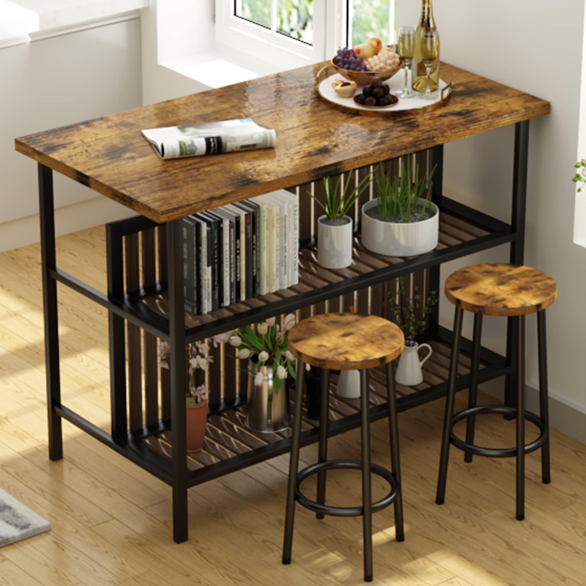 Lamerge 3-Piece Industrial Bar Table and Chairs Set with Storage Shelves, Walnut Counter Height Kitchen Island Table for 2, Perfect for Small Spaces, Dining Room, and Kitchen Breakfast Nook