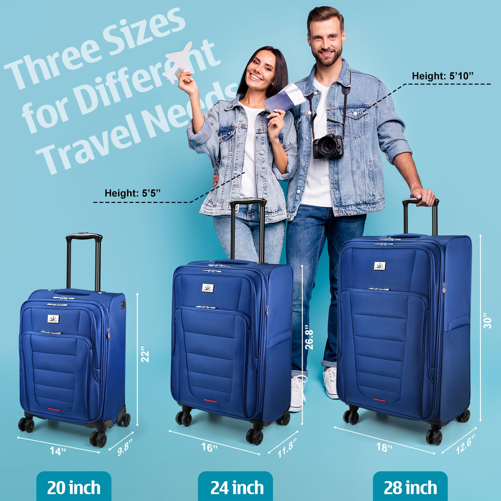 Verdi 24-Inch Expandable Lightweight Spinner Luggage - Softside Suitcase for Travel, Navy Blue, Checked-Large Size | Perfect for Air Travel, Business Trips & Family Vacations