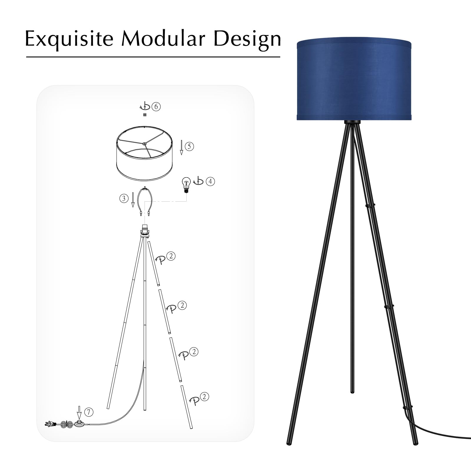 BoostArea Mid Century Tripod Floor Lamp with Blue Linen Shade - Modern Standing Light for Living Room, Bedroom, Office & Study - Perfect for Reading Nook, Cozy Corner & Home Decor (Bulb Not Included)