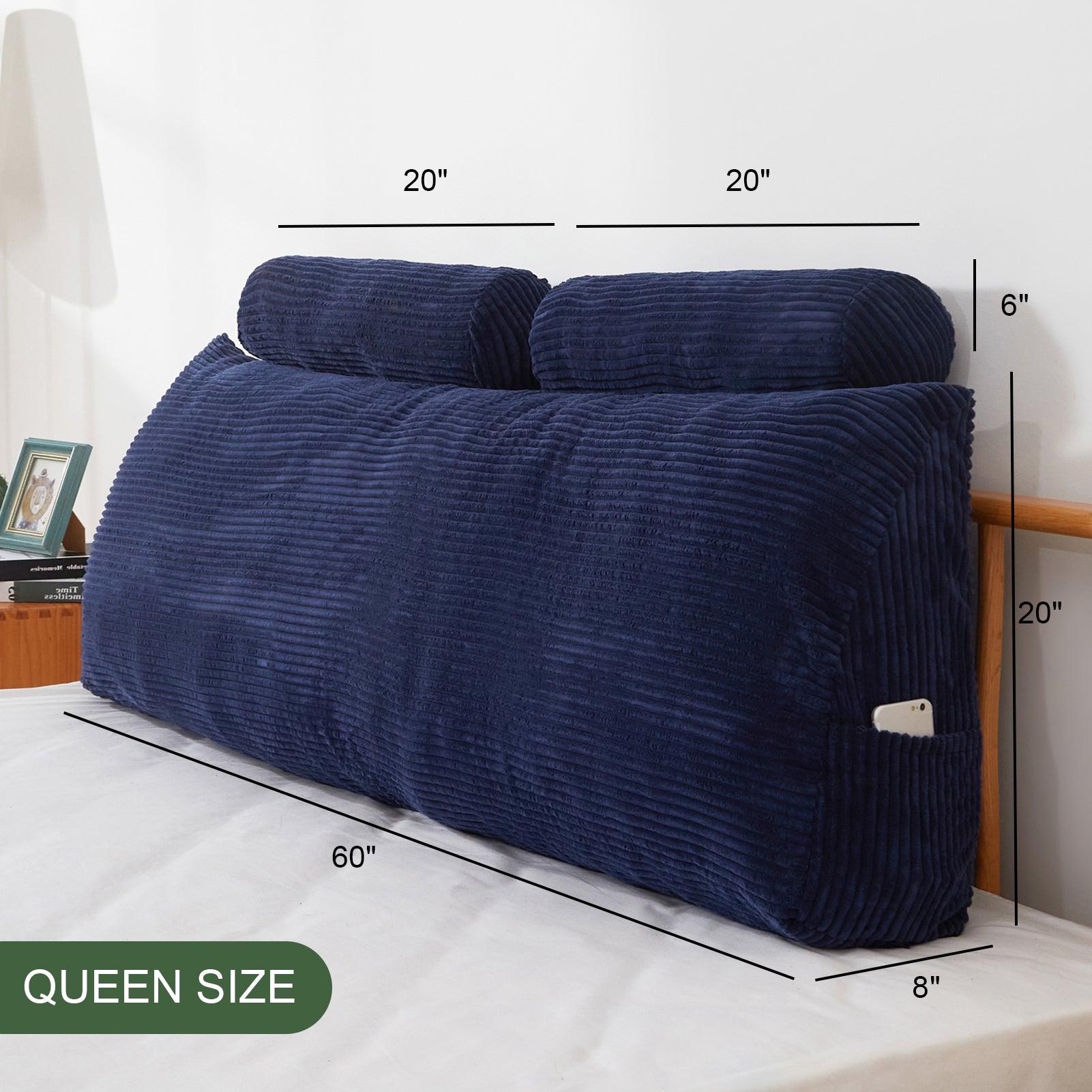MAXYOYO Wedge Headboard Pillow with Cylindrical Neck Support Pillow & Removable Washable Cover - Blue | Bed Backrest for Reading, Watching TV & Relaxing in Bed
