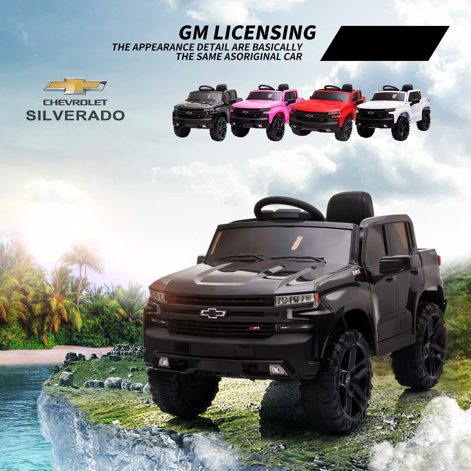 12V Licensed Chevrolet Silverado GMC Kids Ride On Truck - Battery Powered Electric Toy Car with Remote Control, MP3/Bluetooth, Spring Suspension & LED Lights - Perfect for Toddlers Outdoor Play & Birthday Gifts (Black)