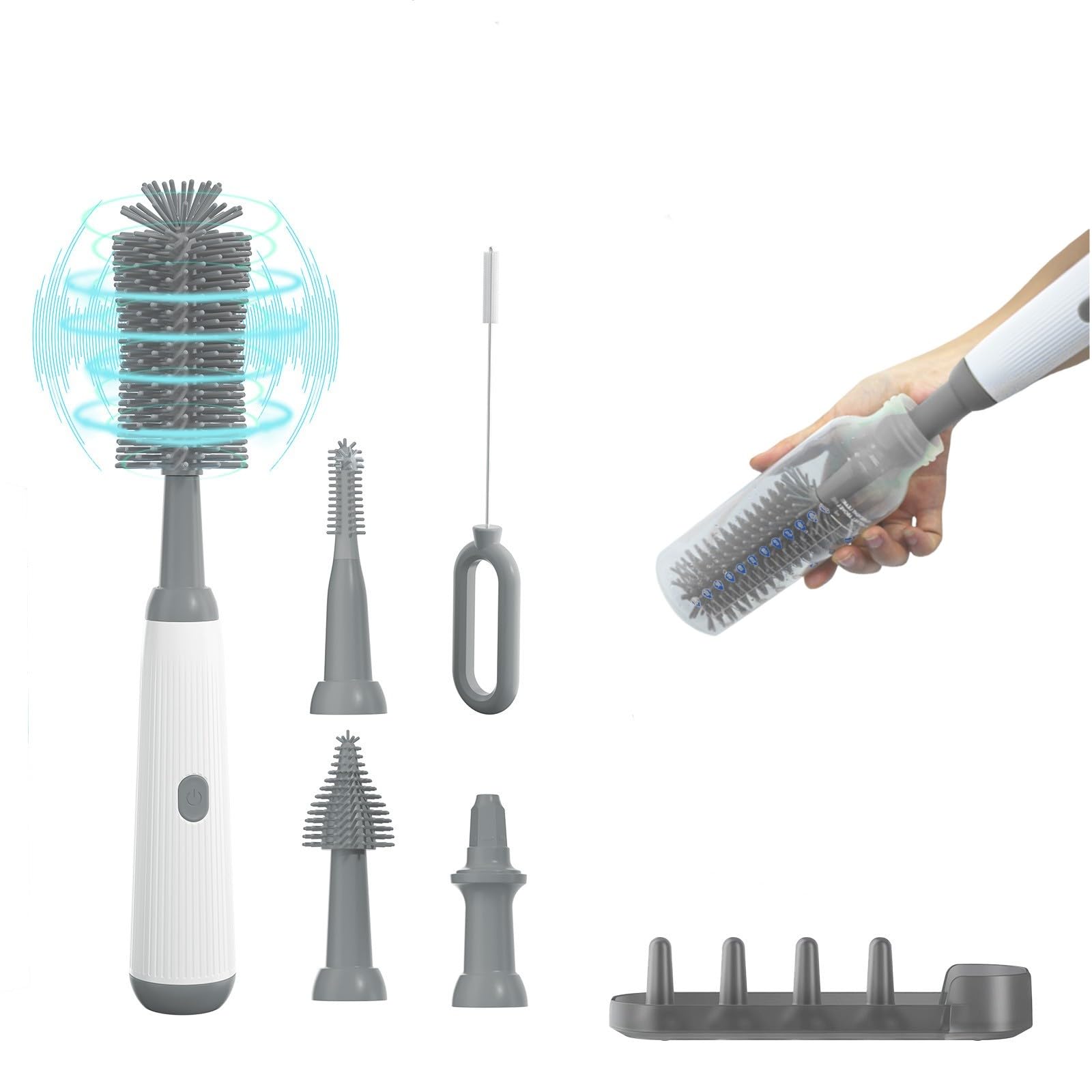 Electric Baby Bottle Brush Cleaner Set with Extended Handle & Drying Holder - Silicone Bottle, Nipple, Crevice & Straw Cleaner - Automatic Lifesaver Brush for Newborn Feeding Essentials - Perfect for Travel, Daycare & Home Use (Gray)