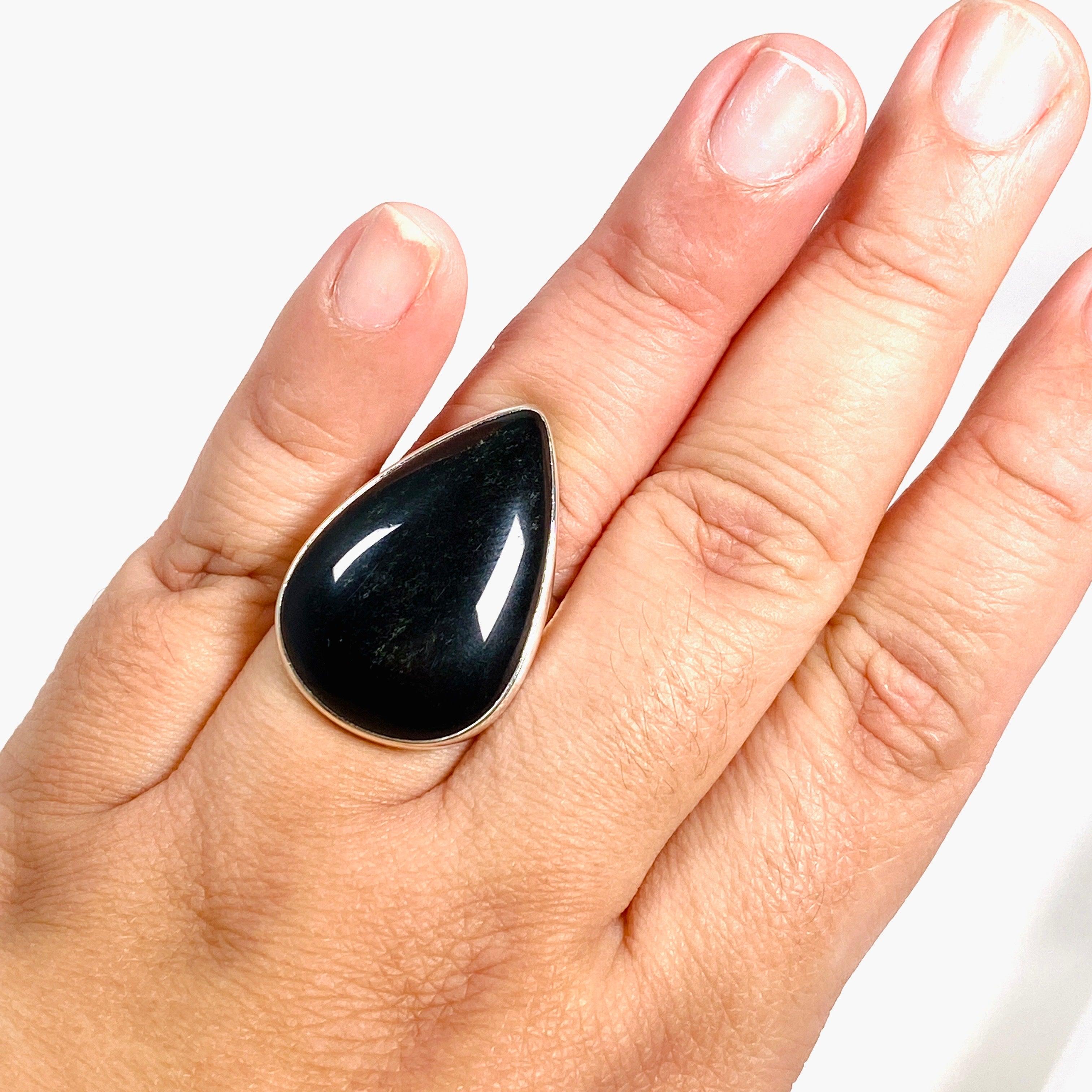 Silversheen Obsidian Teardrop Ring Size 10 KRGJ2924 - Elegant Gothic Jewelry for Women, Perfect for Parties, Weddings & Everyday Wear