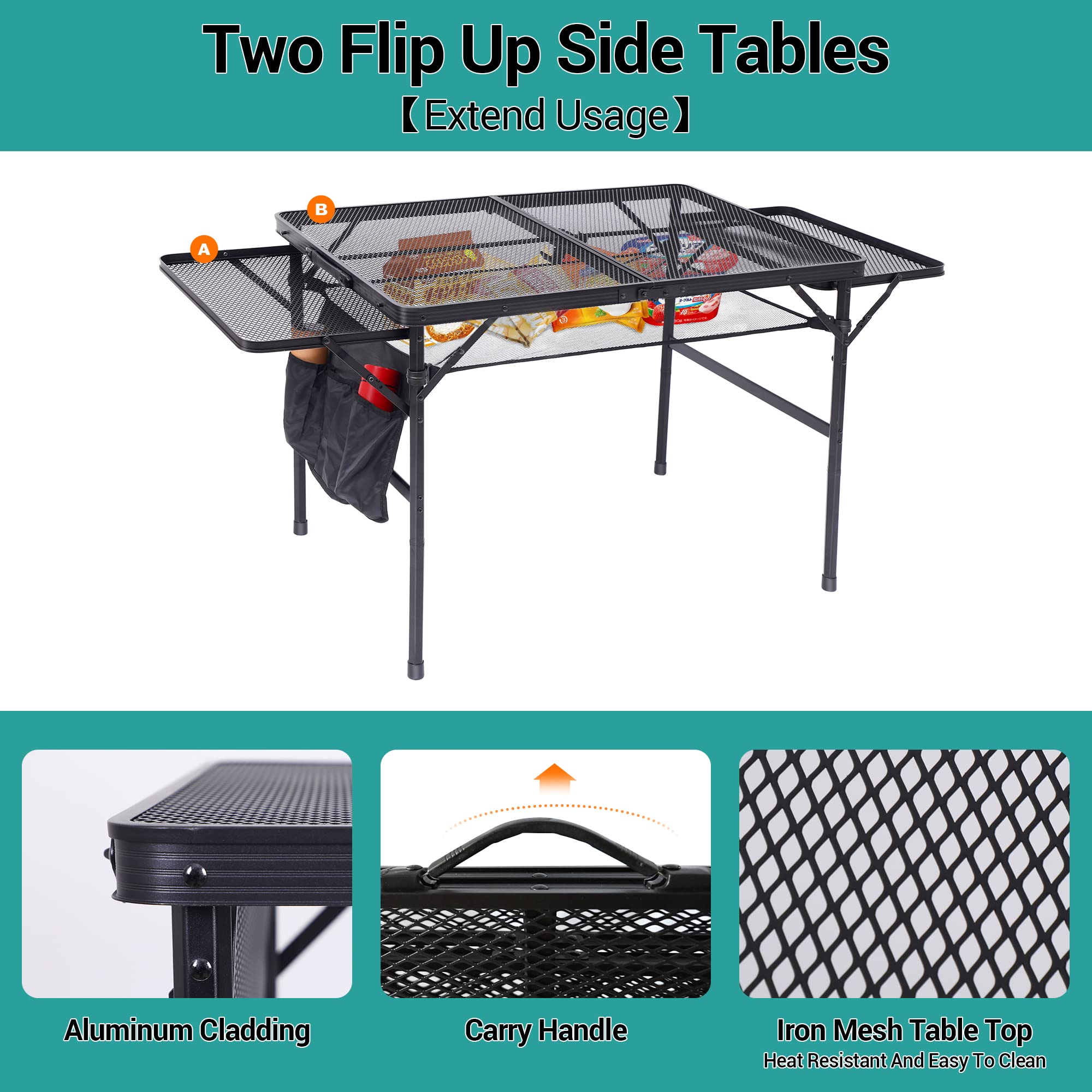 Premium Folding Grill Table for Outdoor Cooking - Adjustable Height & Width, Mesh Net Storage, Portable Carry Handle - Perfect for Camping, Tailgating, BBQs & Backyard Parties