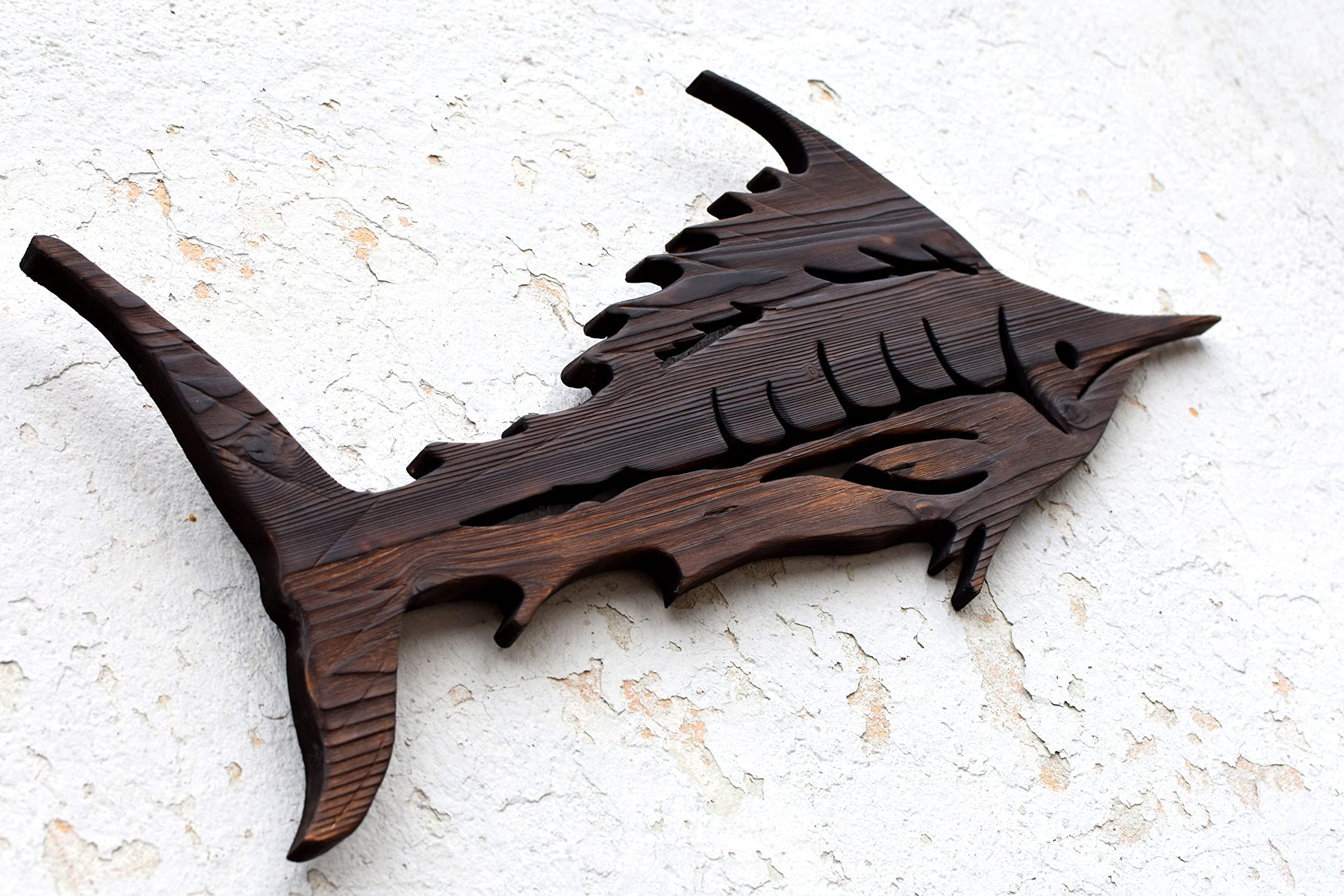 Hand Carved Wooden Marlin Wall Art - Blue Coastal Fish Sculpture Decor for Beach House, Nautical Theme & Ocean Inspired Home Decor