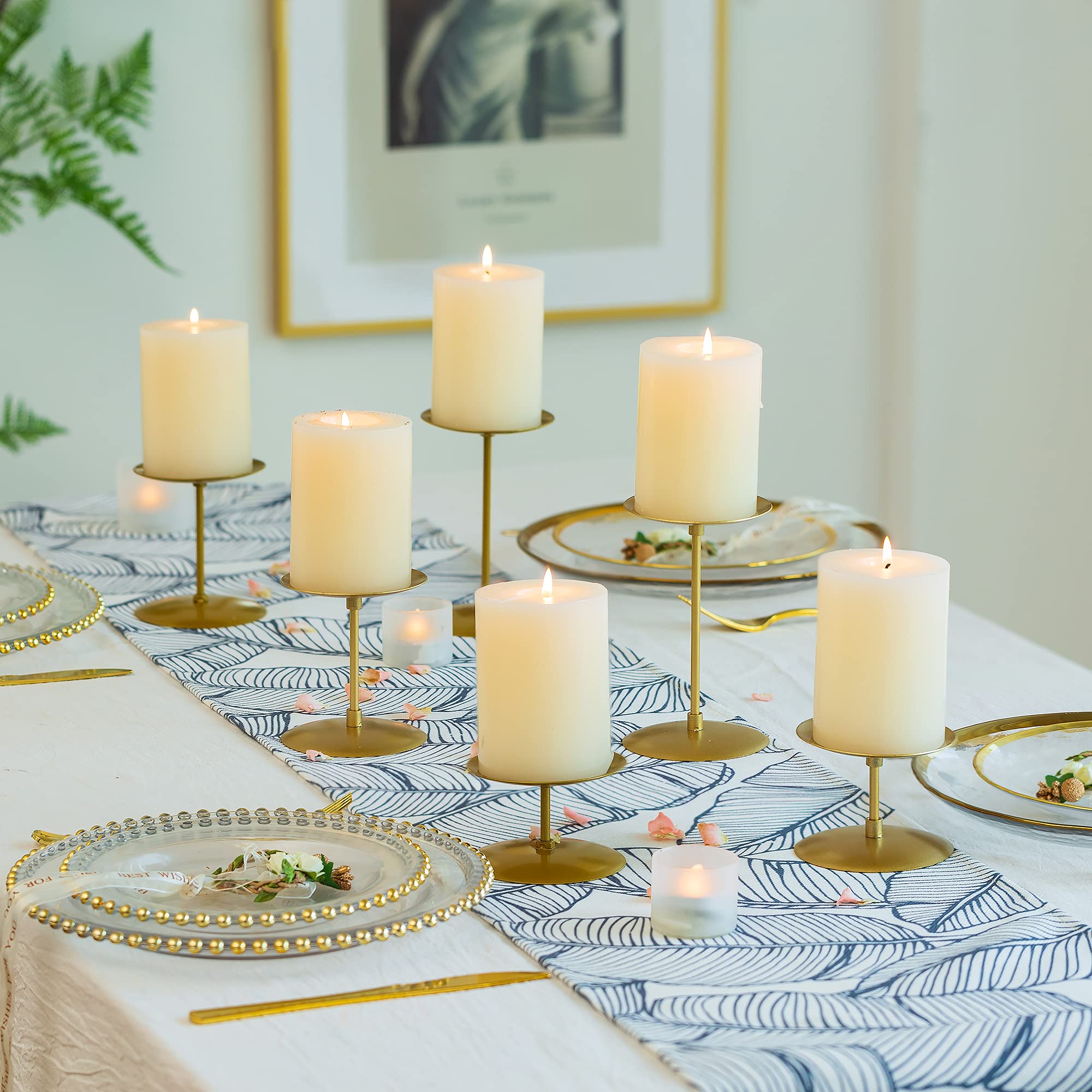 Set of 6 Modern Iron Candelabra Candle Holders - Minimalist Gold Pillar Candle Stands for Dining Table, Mantel & Wedding Decor | Christmas Centerpiece, Party & Event Decoration