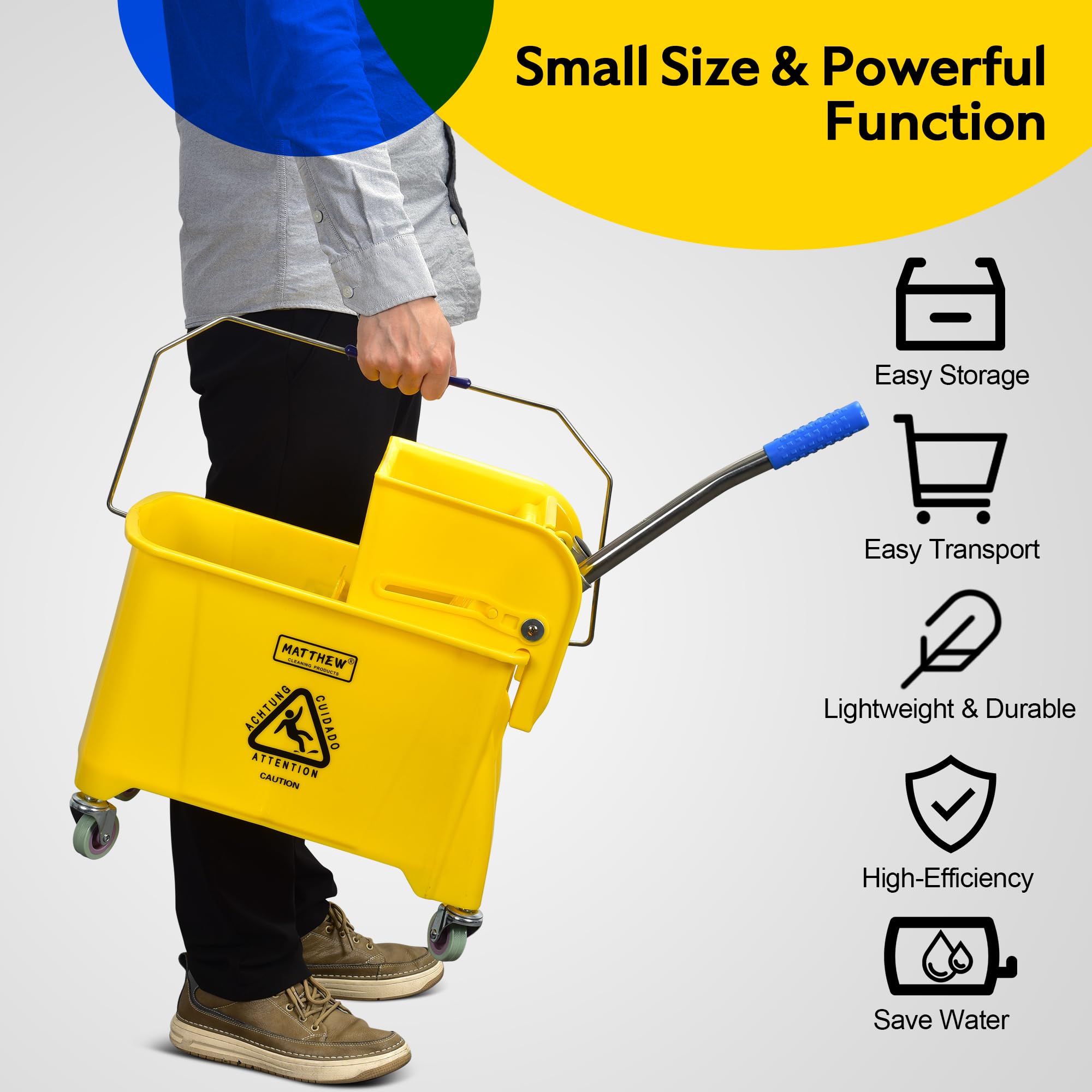 Compact Mop Bucket with Wheels & 2 Mop Heads - Ideal for Home, Restaurant Cleaning