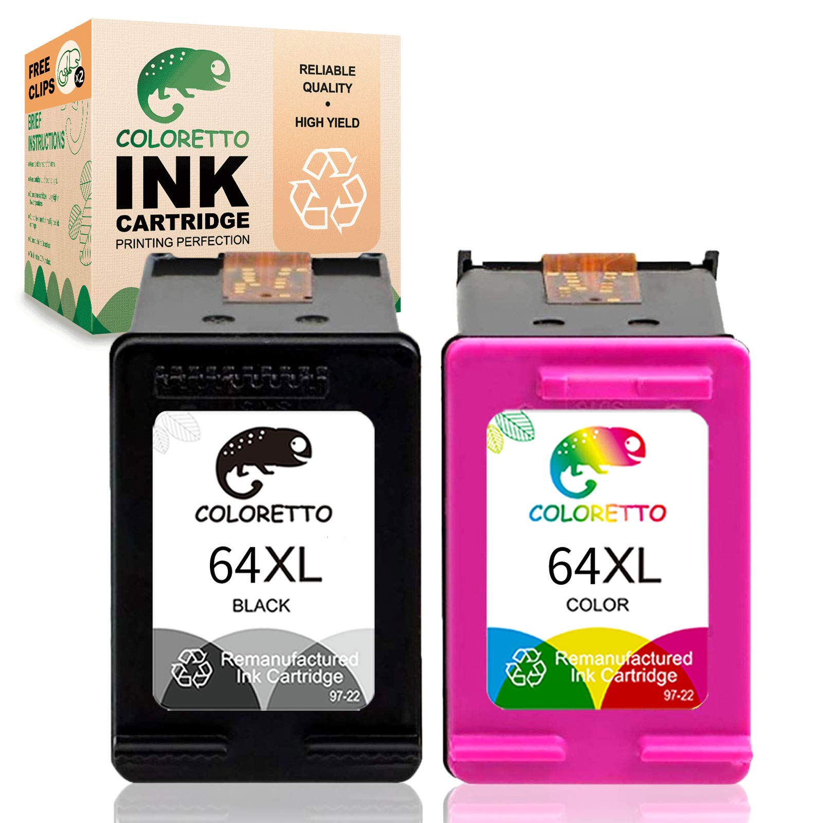 COLORETTO Remanufactured HP 64XL Ink Cartridge Replacement - Compatible with Envy Photo 6220 6230 6232 6255 6258 7120 7130 7134 7155 7158 7164 Printers - 1 Black + 1 Color Combo Pack - Perfect for Home Office Printing & Photo Projects