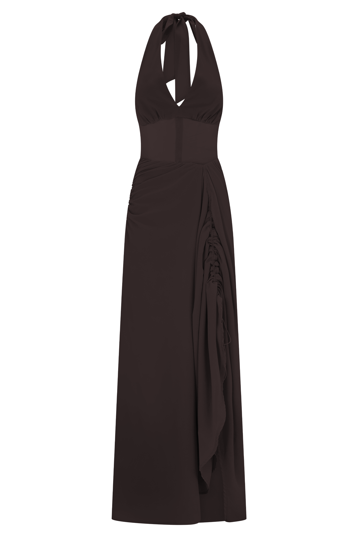 Elegant Chiffon and Mesh Maxi Dress in Dark Chocolate - Perfect for Evening Parties, Weddings & Special Occasions