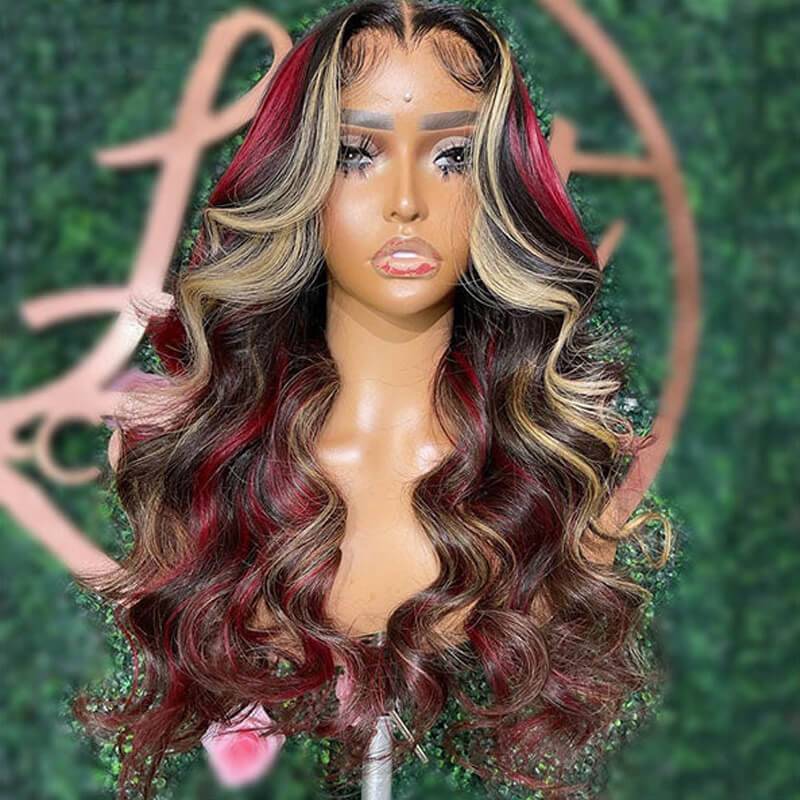 Eullair Black Red Blonde Body Wave Wig with Blue Orange Balayage Highlights - 3 Color Straight Lace Frontal Human Hair Wig for Cosplay, Halloween & Daily Fashion