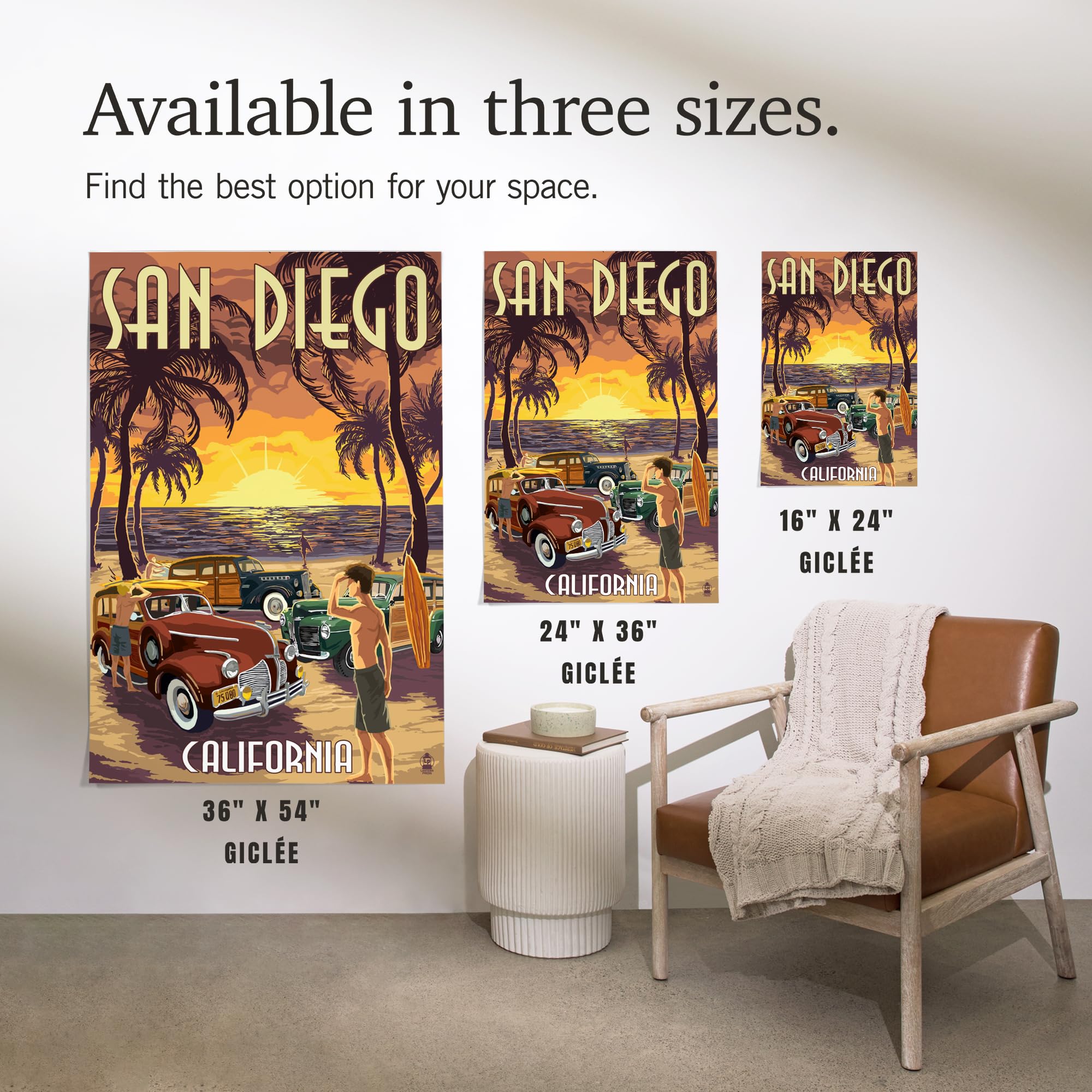 Lantern Press 16x24 Inch Giclee Art Print - San Diego California Beach Woodies Wall Decor - Perfect for Coastal Home, Office & Gift Giving
