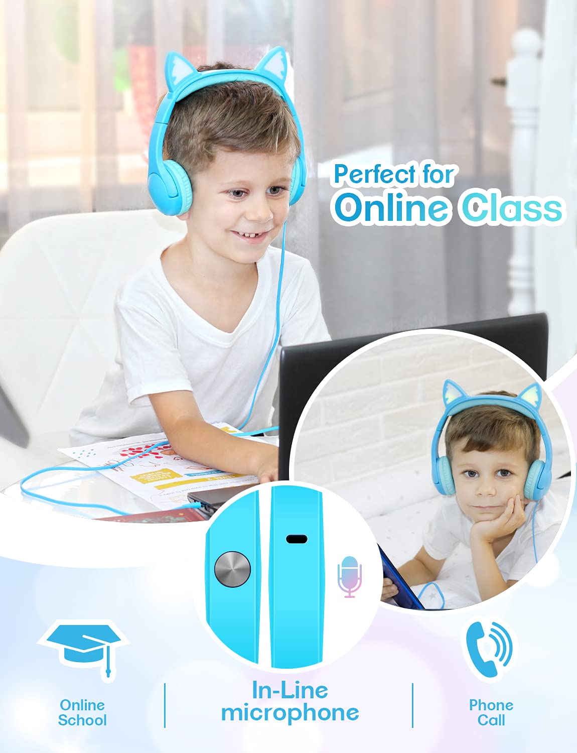PINGKO Kids Headphones with Microphone - Cat Ear LED Light Headphones for Girls & Boys, 85dB Volume Limiting, 3.5mm Jack Stereo Earphones for iPad, School, Travel, Music Sharing - Perfect for Learning, Gaming & Entertainment (Blue)