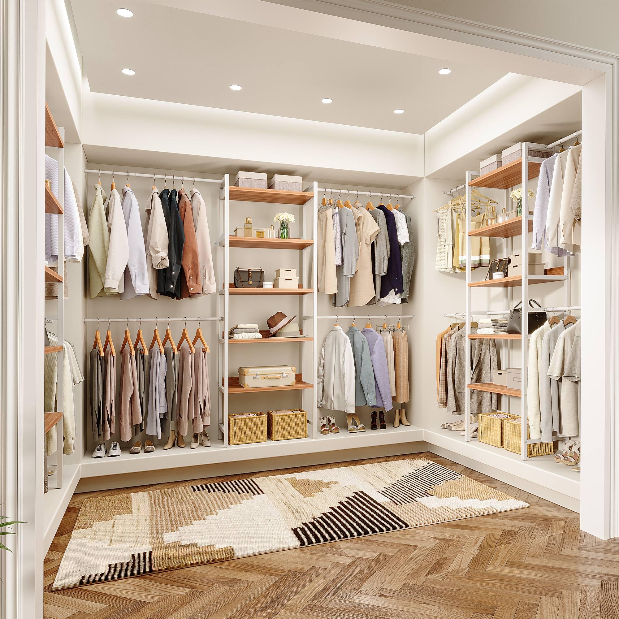 DWVO Heavy Duty Adjustable Closet Organizer System - 4 Expandable Hanger Rods & 5-Tier Wood Shelves with Backboard for Walk-In Closets, Bedrooms (Fits 6-9 ft Spaces) - Perfect for Closet Organization, Garment Storage & Home Decor