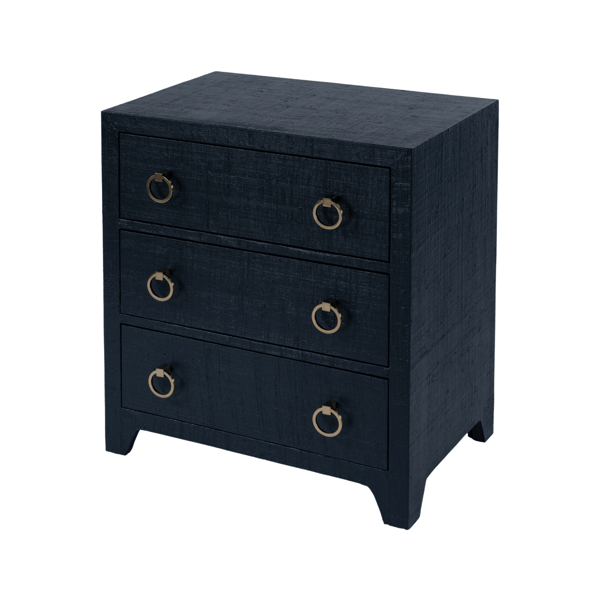 Coastal Navy Saguran Raffia Three Drawer Nightstand - Stylish Bedside Table for Bedroom, Living Room, or Guest Room Decor