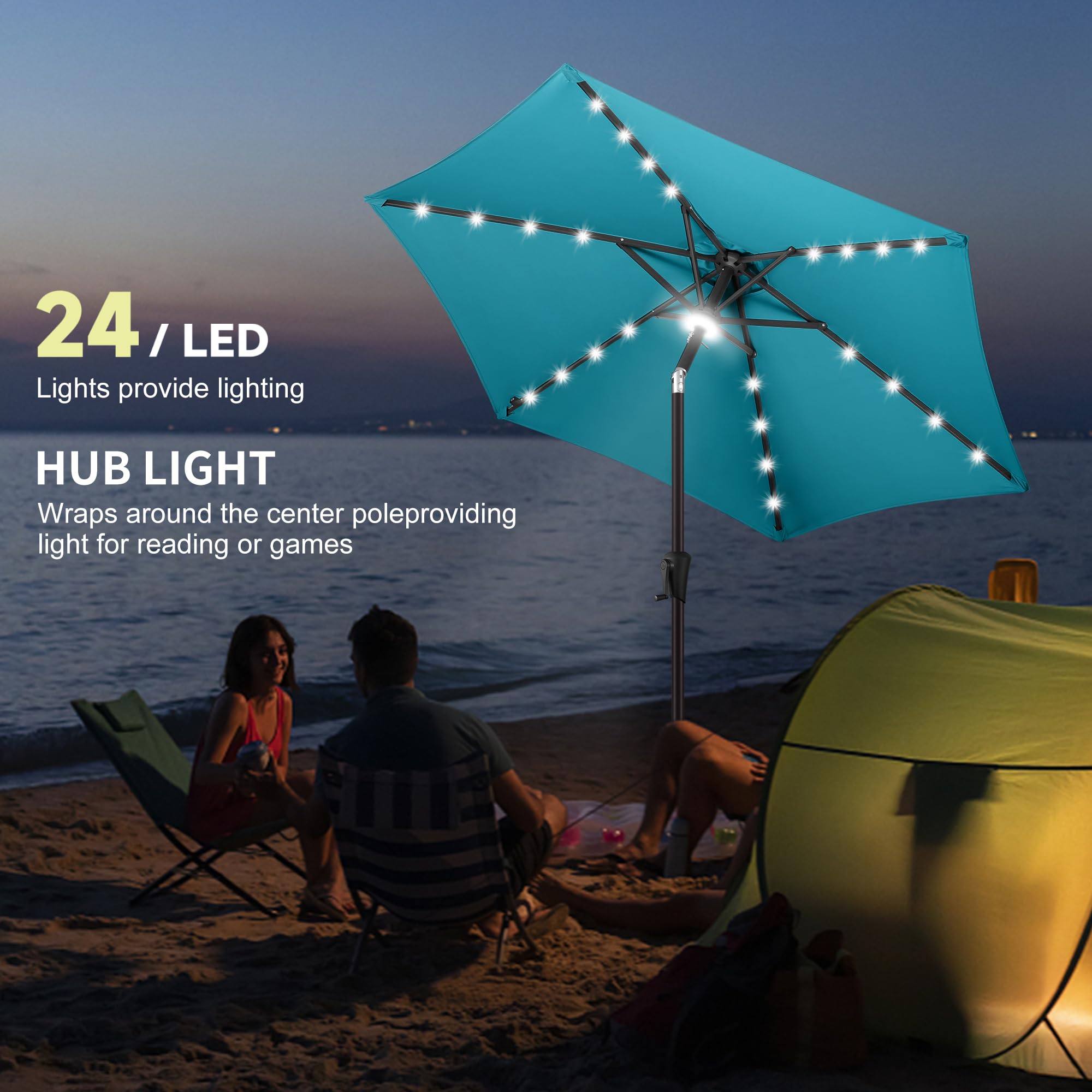 7.5ft Solar Powered LED Patio Umbrella with 24 Lights - Waterproof UV Protection Outdoor Market Umbrella with Tilt & Crank - Perfect for Poolside, Garden, Deck, Backyard & Outdoor Dining (Sky Blue)
