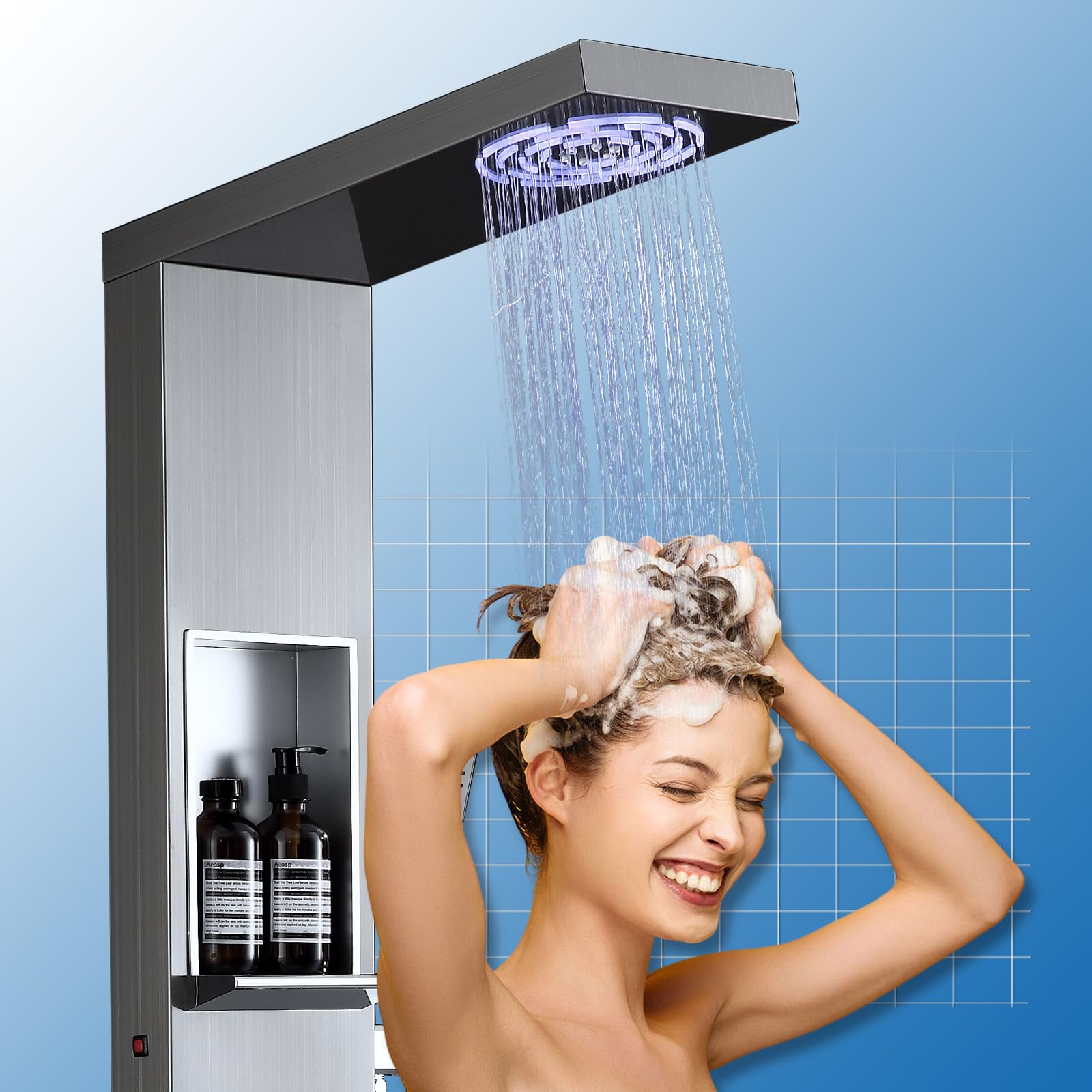 Premium Stainless Steel Shower Panel Tower System with LED Rainfall & Mist Shower Head, 4 Adjustable Body Jets, Hand Shower, Built-in Shelf & Tub Spout - Perfect for Modern Bathroom Renovation & Spa-Like Shower Experience