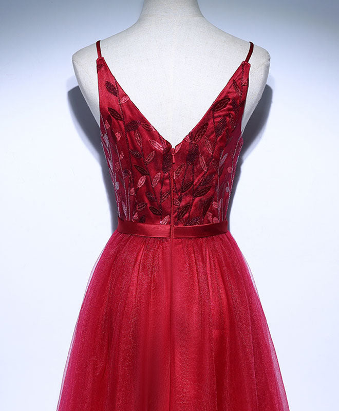 Elegant Burgundy V-Neck Tulle Long Prom Dress for Women - Formal Evening Gown for Homecoming, Wedding Guest & Special Occasions