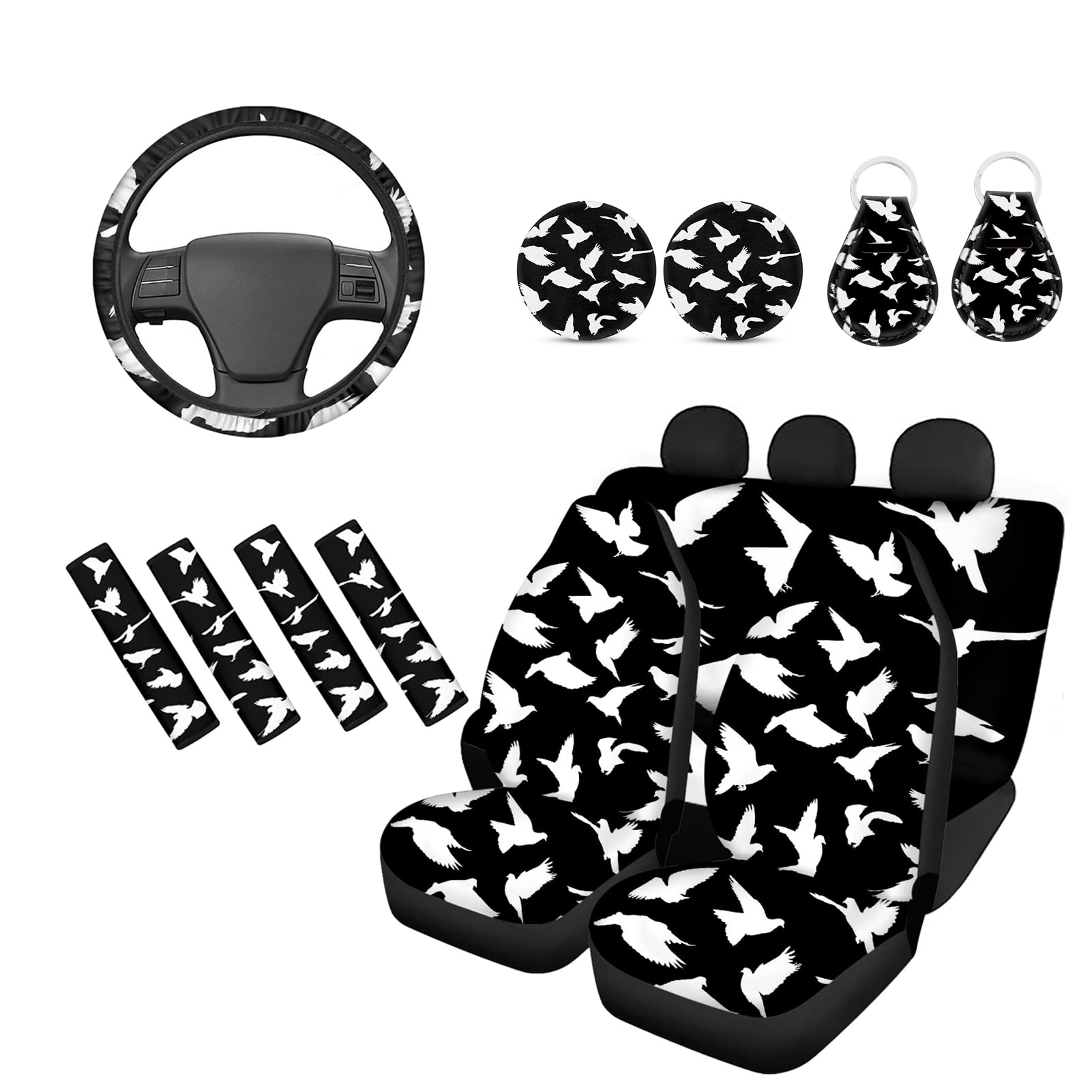 Premium 13-Piece White Pigskin Car Seat Covers Set for SUV & Trucks - Steering Wheel Cover, Seatbelt Protectors, Coasters & Keychain | Durable Auto Accessories for Men & Women | Perfect for Road Trips, Commuting & Vehicle Protection