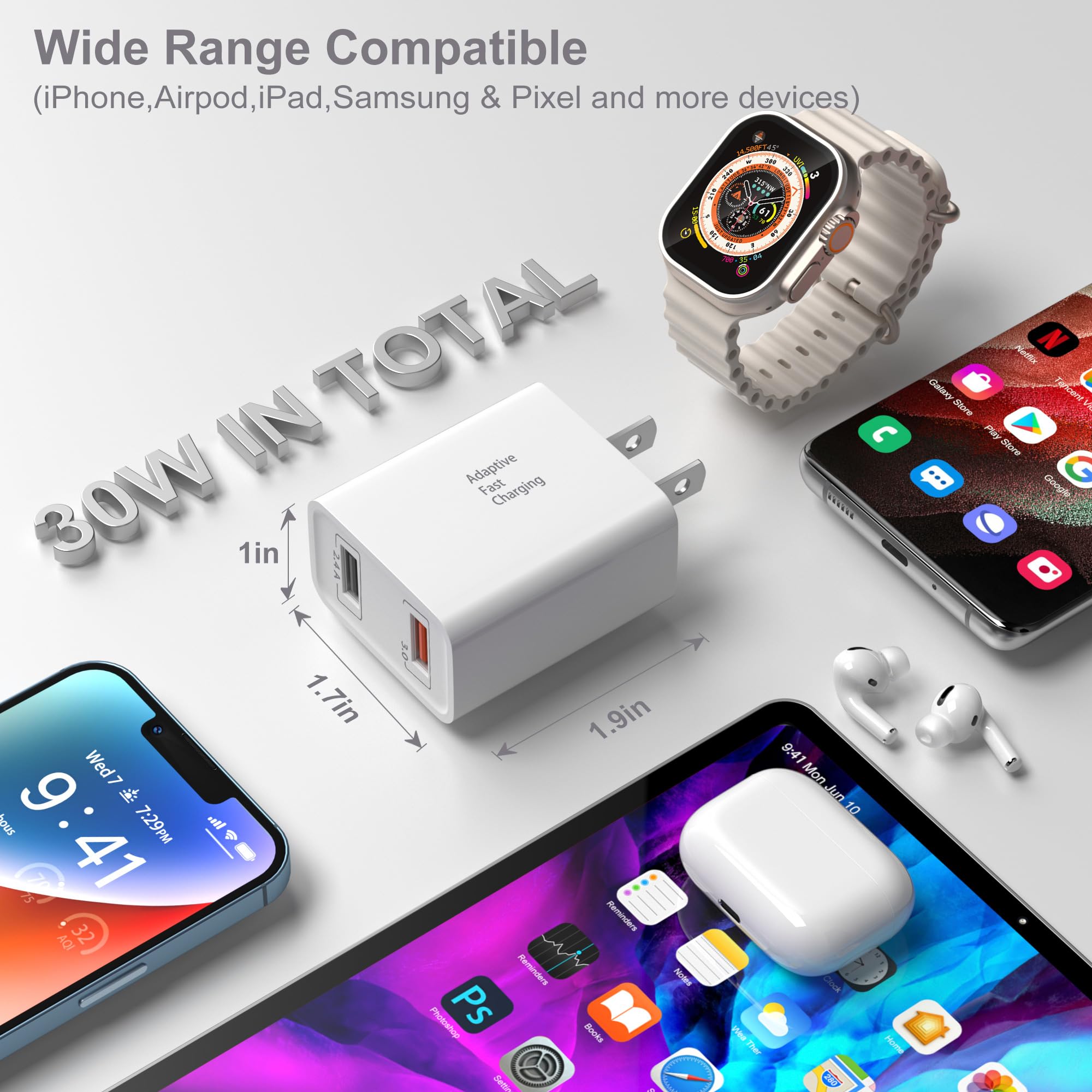 Costyle 5-Pack 30W Dual Port USB Wall Charger - Fast Charging Block with Quick Charge 3.0 & 5V 2.4A for Samsung Galaxy S10/S9/S8/S7, iPhone Xs/8/7, Pixel - Perfect for Home, Office & Travel (White)