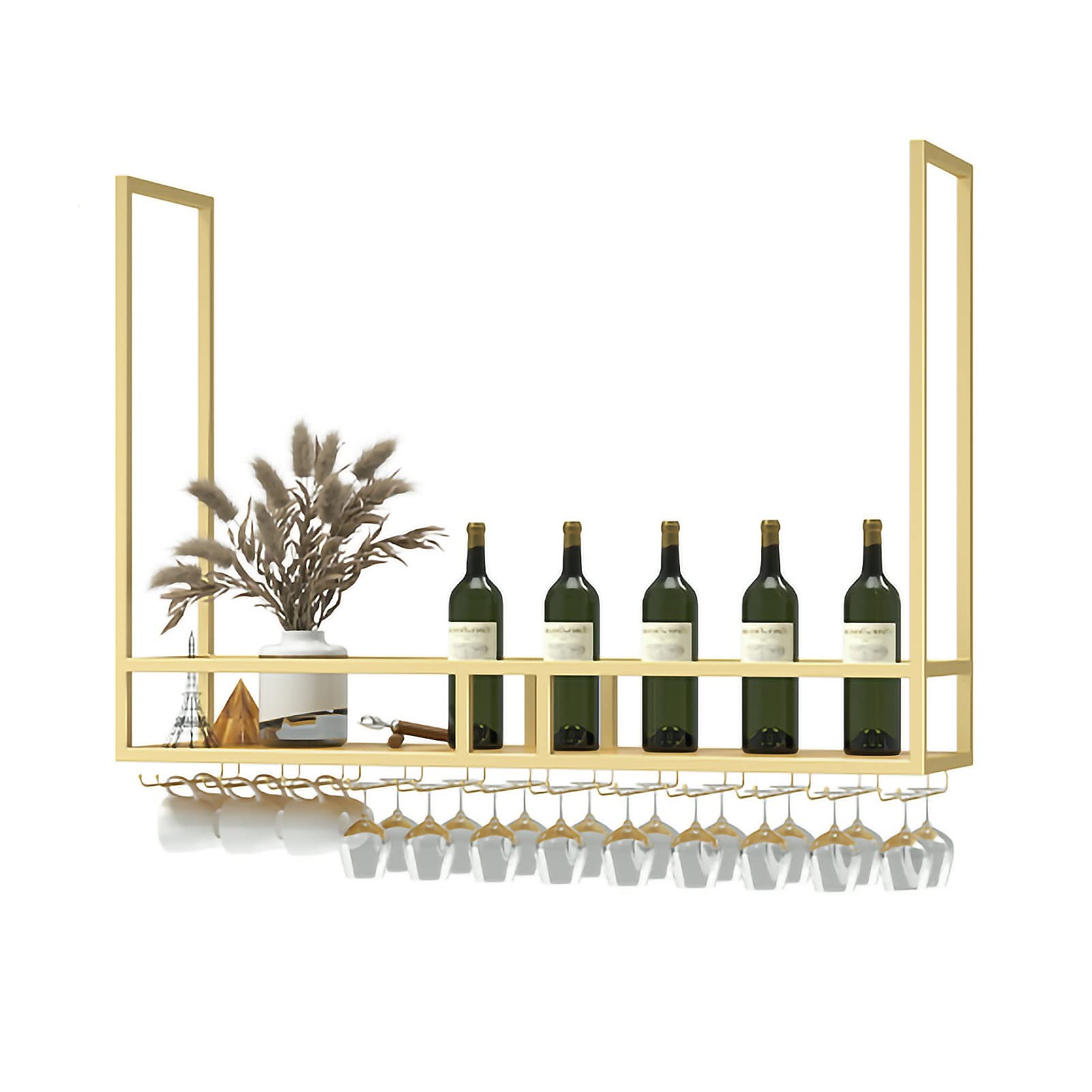 Ceiling Mount Shelf Bracket - Floating Wine Rack with Stemware Glass Shelf, Hanging Storage Shelves for Kitchen, Bar & Home Decor - Display Glasses, Plants & Decorative Items