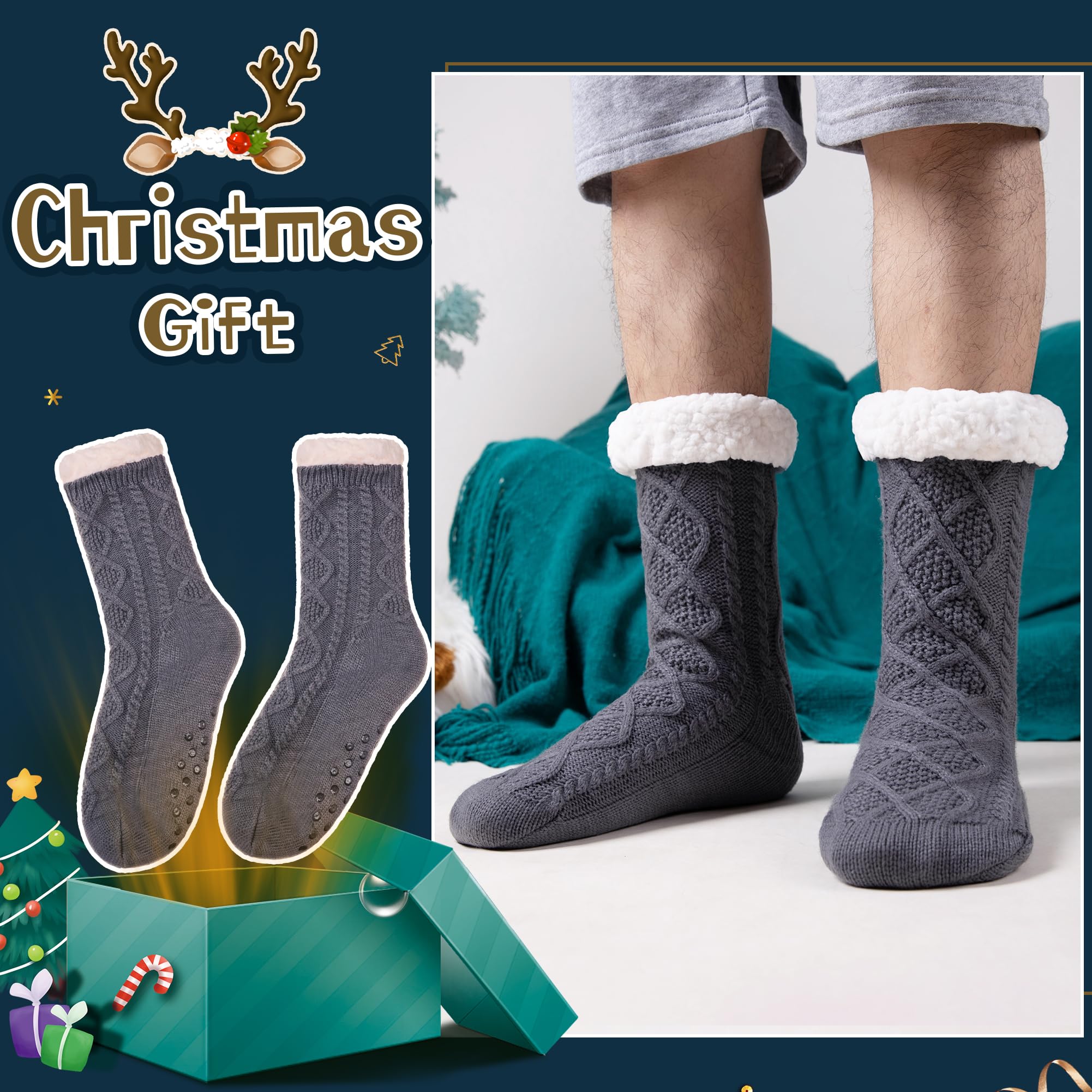 Men's Fleece Lined Extra Thick Winter Slipper Socks - Cozy Non-Slip Fuzzy Home & Sleeping Socks for Indoor Comfort & Warmth