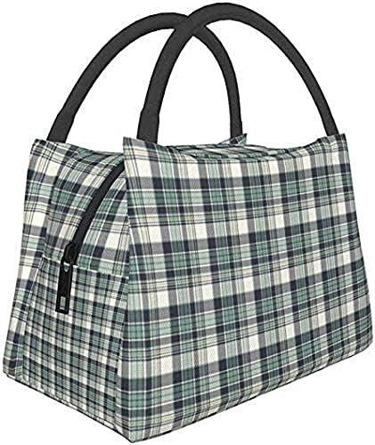 Portable Insulated Lunch Bag - Navy Blue & Seafoam Green Coastal Plaid Design | Leakproof Zipper Closure | Perfect for School, Work, Office & Picnic | Keep Food Fresh & Cool All Day