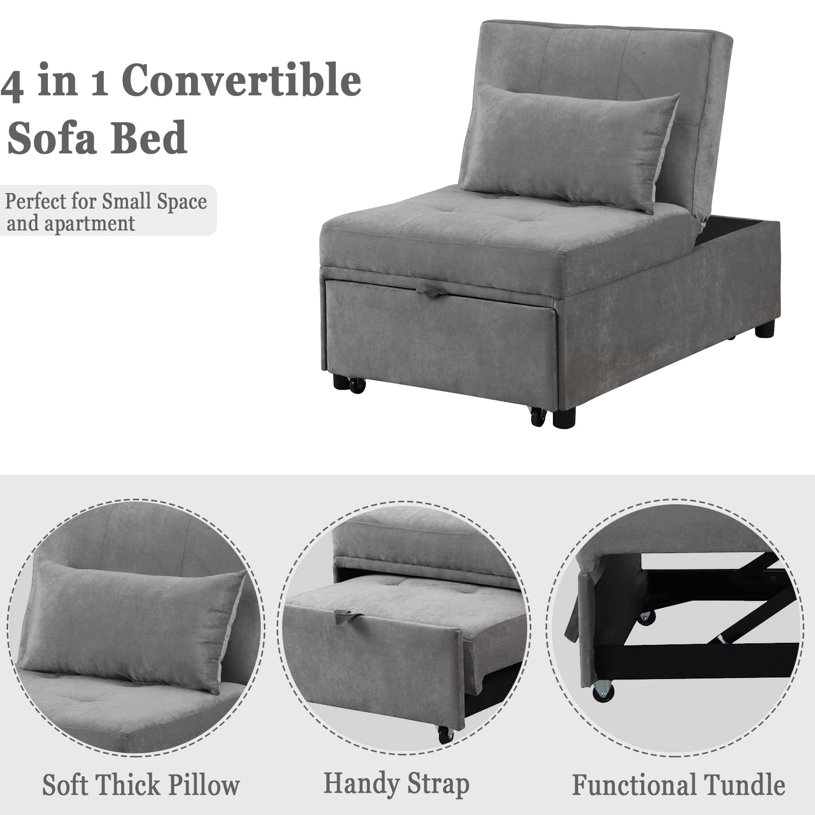 Antetek 4-in-1 Convertible Chair Bed - Multi-Functional Folding Ottoman Sofa Sleeper with Adjustable Backrest, Space Saving Guest Bed for Small Apartments, Dorms & Living Rooms | Perfect for Overnight Guests, Studio Apartments & Home Offices (Gray)