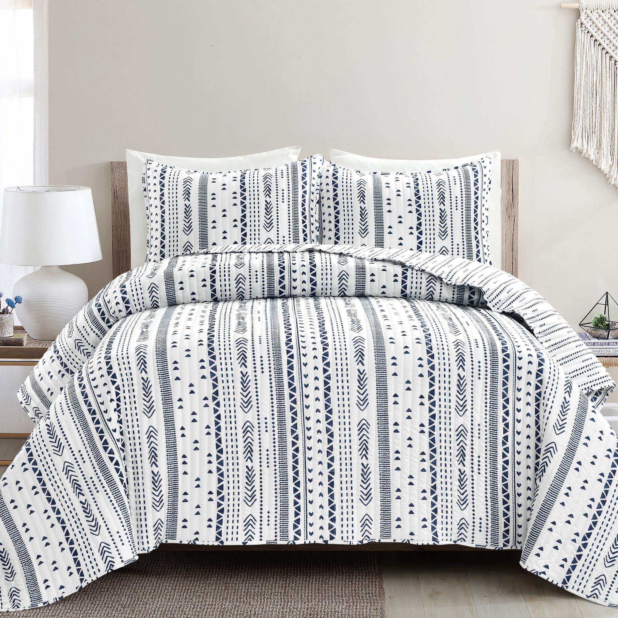 Lush Decor Navy White Hygge Stripe 3-Piece Quilt Set Full/Queen Size - Cozy Bedding for Modern Bedrooms & Guest Rooms