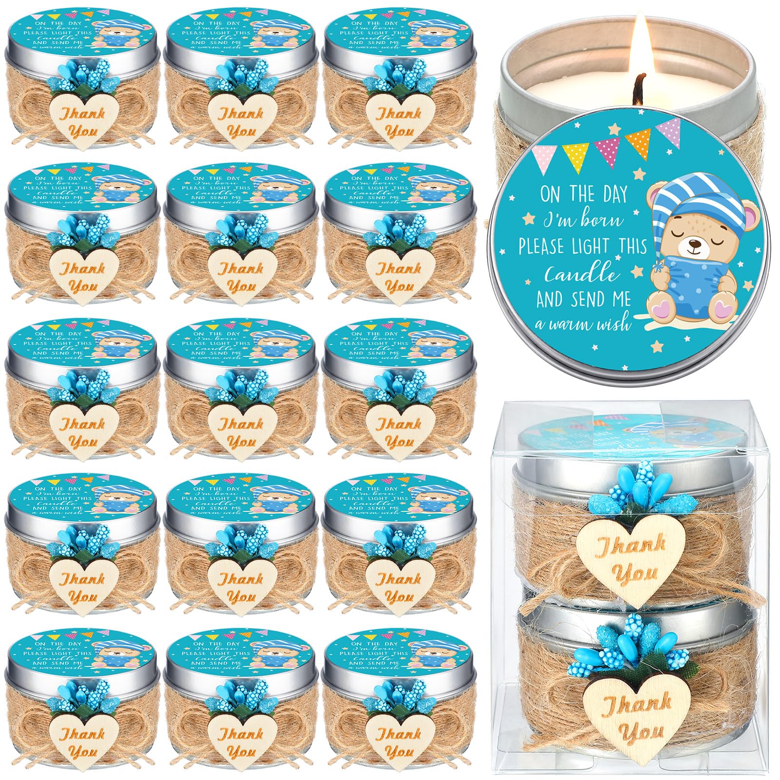 24 Pack Blue Baby Shower Candles - Rustic Soy Tealight Favors with Heart Wooden Sign & Flower Bouquet - Perfect for Baby Shower Party, Baptism, Gender Reveal & Guest Gifts - Great for Home Decor, Wedding Favors & Romantic Ambiance