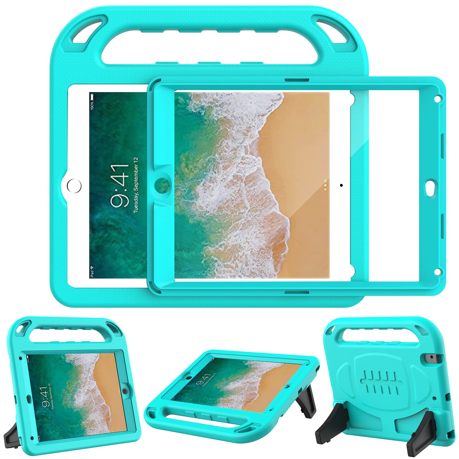 LTROP Shockproof Kids iPad Case for iPad 6th/5th Generation & Air 2 (9.7 Inch 2018/2017 Models) - Built-in Screen Protector, Handle Stand - Teal Blue | Perfect for Home Learning, Travel & Playtime Protection