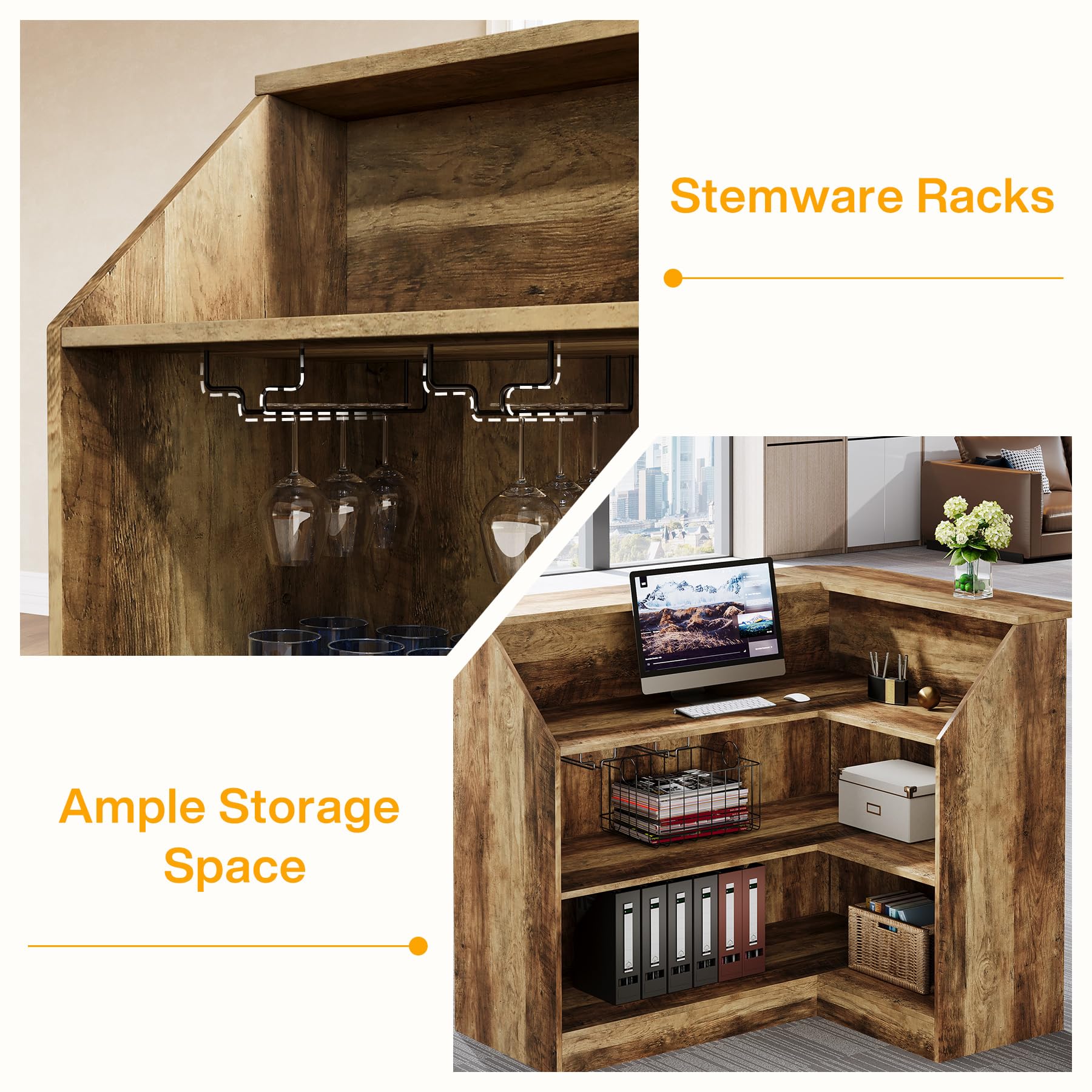 Tribesigns L-Shaped Reception Desk with Storage Shelves - Modern Office Front Counter for Small Business, Salon, Hotel & Retail Checkout (Brown) - Perfect for Space-Saving Workstations & Professional Client Greetings