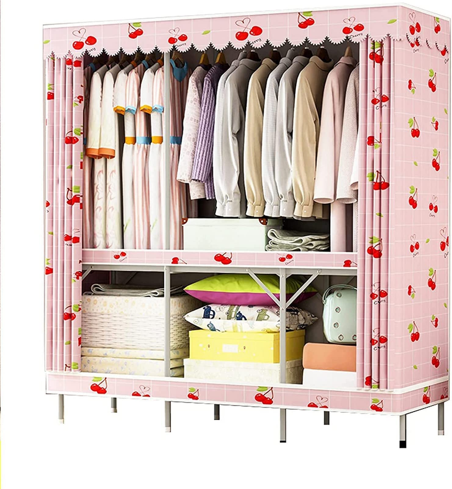 Pink Portable Fabric Wardrobe Closet - 168x150x48cm Foldable Metal Frame Clothing Storage Organizer for Bedroom, Dorm, Travel & Small Spaces | Heavy Duty Garment Rack with Hanging Rail
