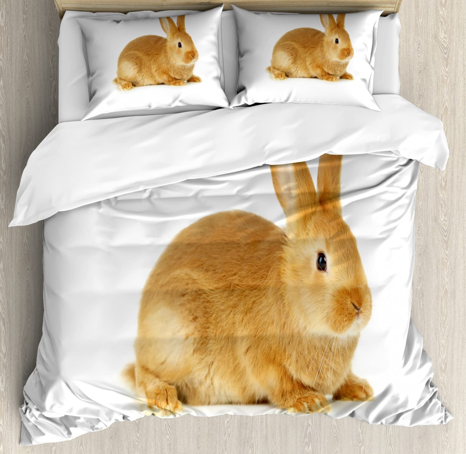 Ambesonne Bunny Duvet Cover Set - Fluffy Rabbit Design on White Background - 2-Pack Cal King Size Bedding Set with 2 Duvet Covers & 4 Pillowcases - Caramel Brown - Perfect for Kids' Rooms, Nursery Decor & Cozy Bedroom Makeovers