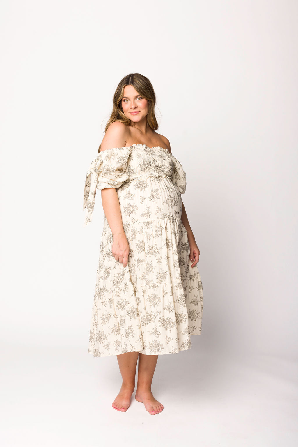 Elena Floral Toile Print Smocked Maternity Midi Dress in Ivory - Bump Friendly Summer Dress for Baby Shower, Brunch & Special Occasions