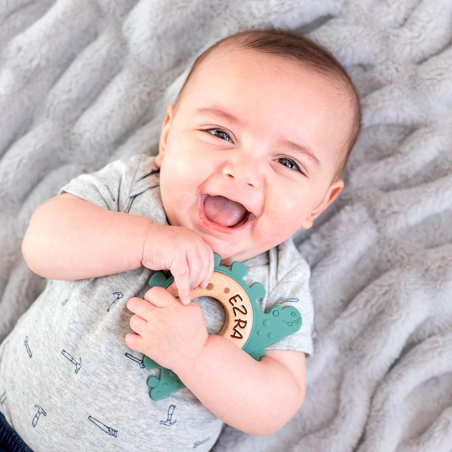 Personalized Baby Boy Gifts - Custom Wood & Silicone Teething Ring with Laser Engraved Name - Natural Dinosaur Teether for Newborns - Unique Baby Shower Gift with Gift Bag (Blue) | Perfect for New Parents, Baby Showers & First Birthday Presents