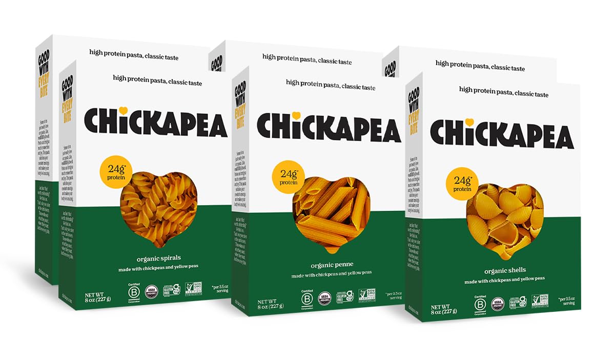 Organic Chickpea Pasta Variety Pack - Gluten-Free, High Protein, Vegan Pasta (Spirals, Penne, Shells) - 8oz x 6 Pack - Perfect for Healthy Meals, Meal Prep & Keto Diet