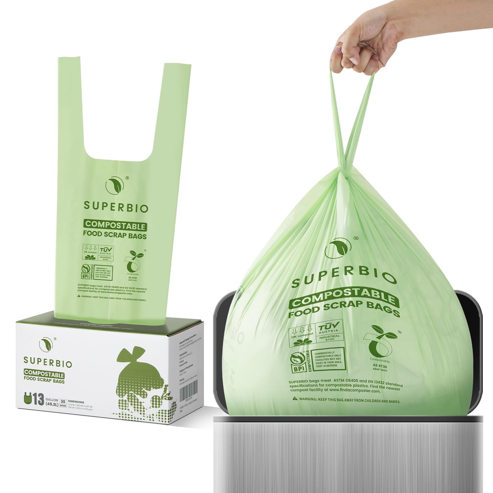 SUPERBIO 13 Gallon (49.2L) Compostable Kitchen Trash Bags with Handles - BPI Certified, OK Compost INDUSTRIAL - 30 Count Eco-Friendly Food Waste Bags for Home, Office & Outdoor Composting