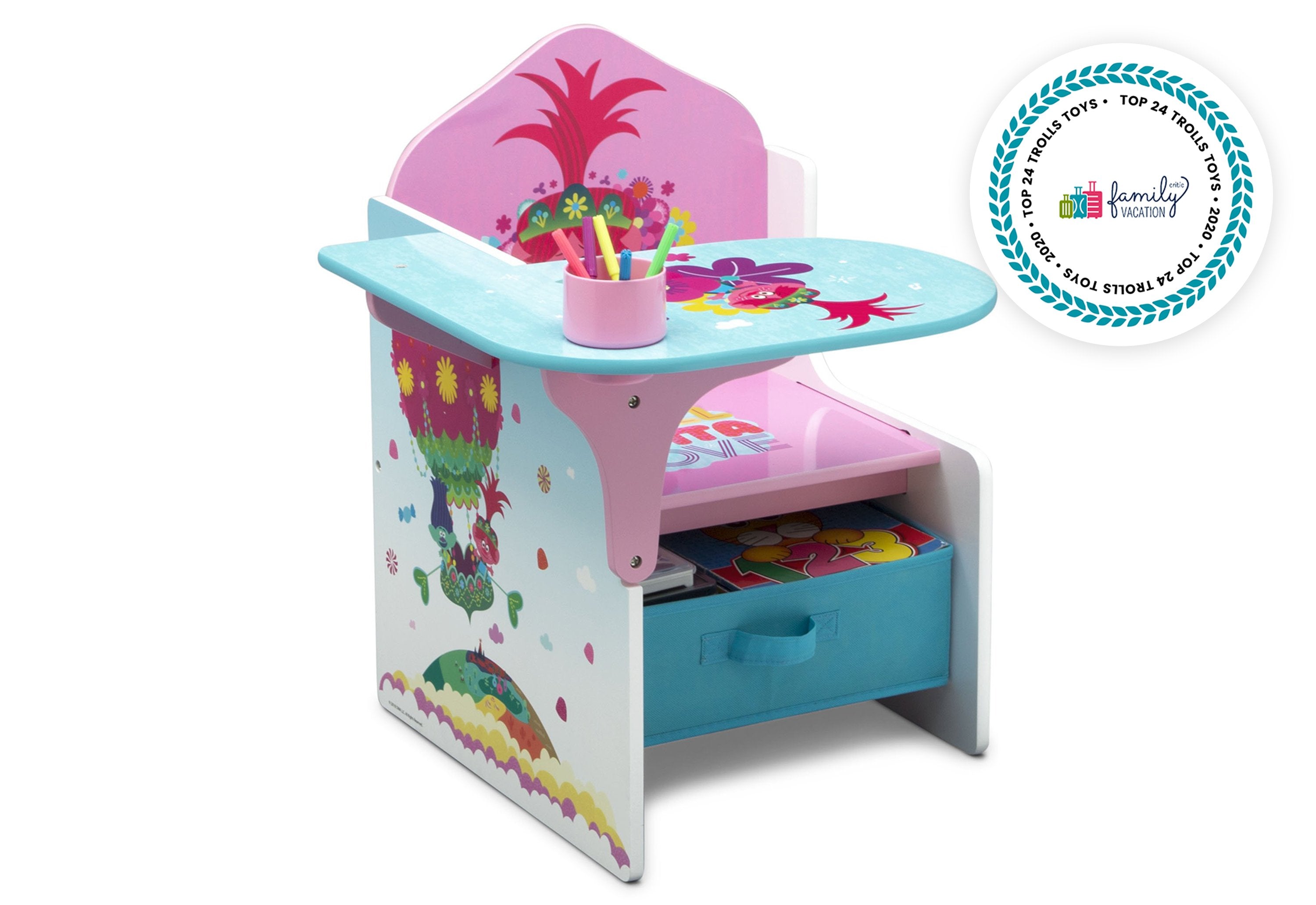 Trolls World Tour Kids Chair with Storage Desk - Portable Study Table for Children's Room, Playroom, and Classroom - Perfect for Reading, Drawing, and Homework